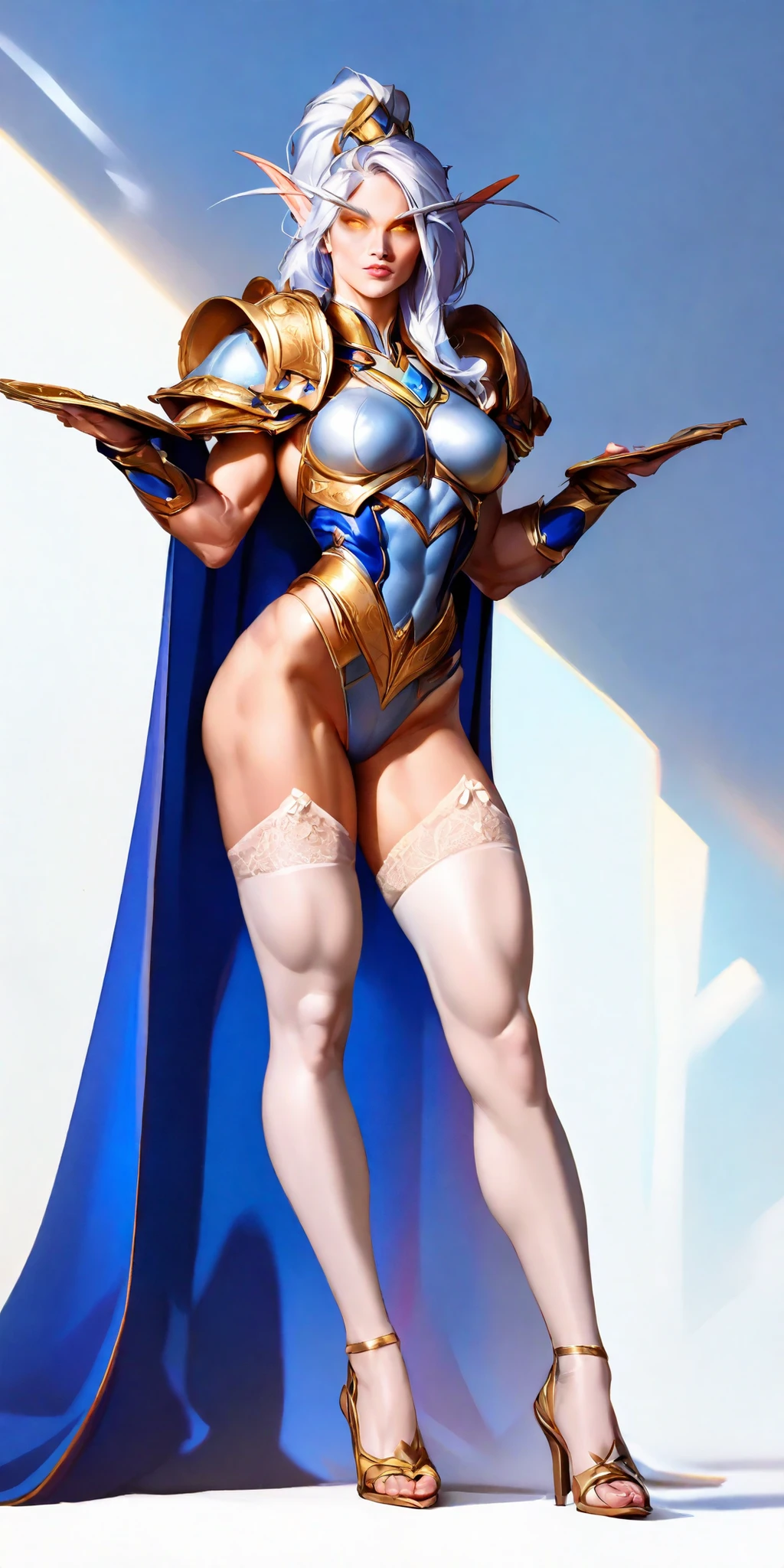extremely long hair , ponytail, perfect anatomy 1 girl tall solo, slim thick, ((muscular)) high elf toned body, silver breast plate, blue cape, slender abs, hourglass waist, detailed face, defined cheekbones, puffy lips, gauntlets, gold crown, shadow over eyes, looking at viewer, masterpiece, white thigh highs lingerie, high heels