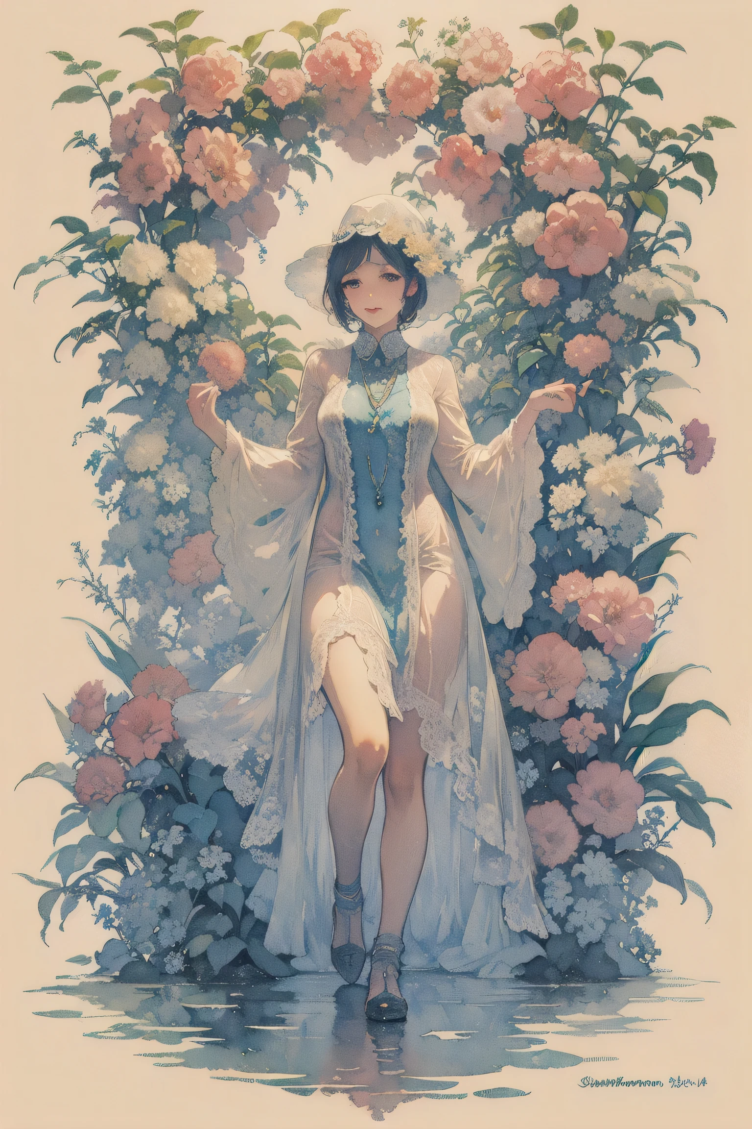 Mucha art deco style, Plant and tree design、1 woman, Watercolor, summer, lac34rmor, (cat, from front)