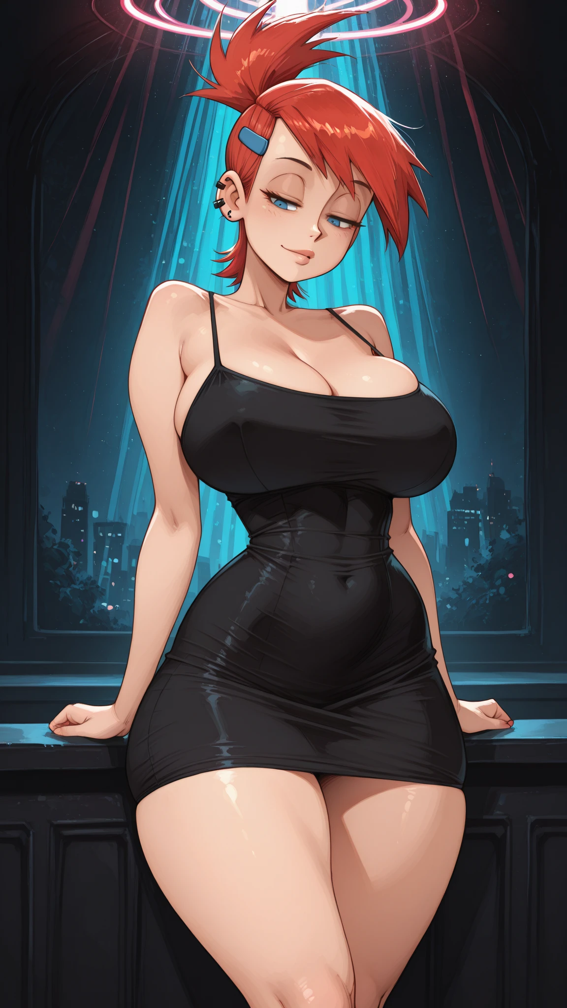 Purple short hair, plump youthful face, black police cap, red tie, purple tight low-cut dress, purple long gloves, black leather boots, strapless thighs, , blue eyes, anime style, stone prison.