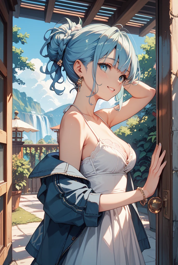 (Furinarnd), masterpiece,huge breast, blush, indoor, looking at viewer, detail eyes, cg, sitting, smile, (front view), dolphin shorts, (single bare shoulder shirt),