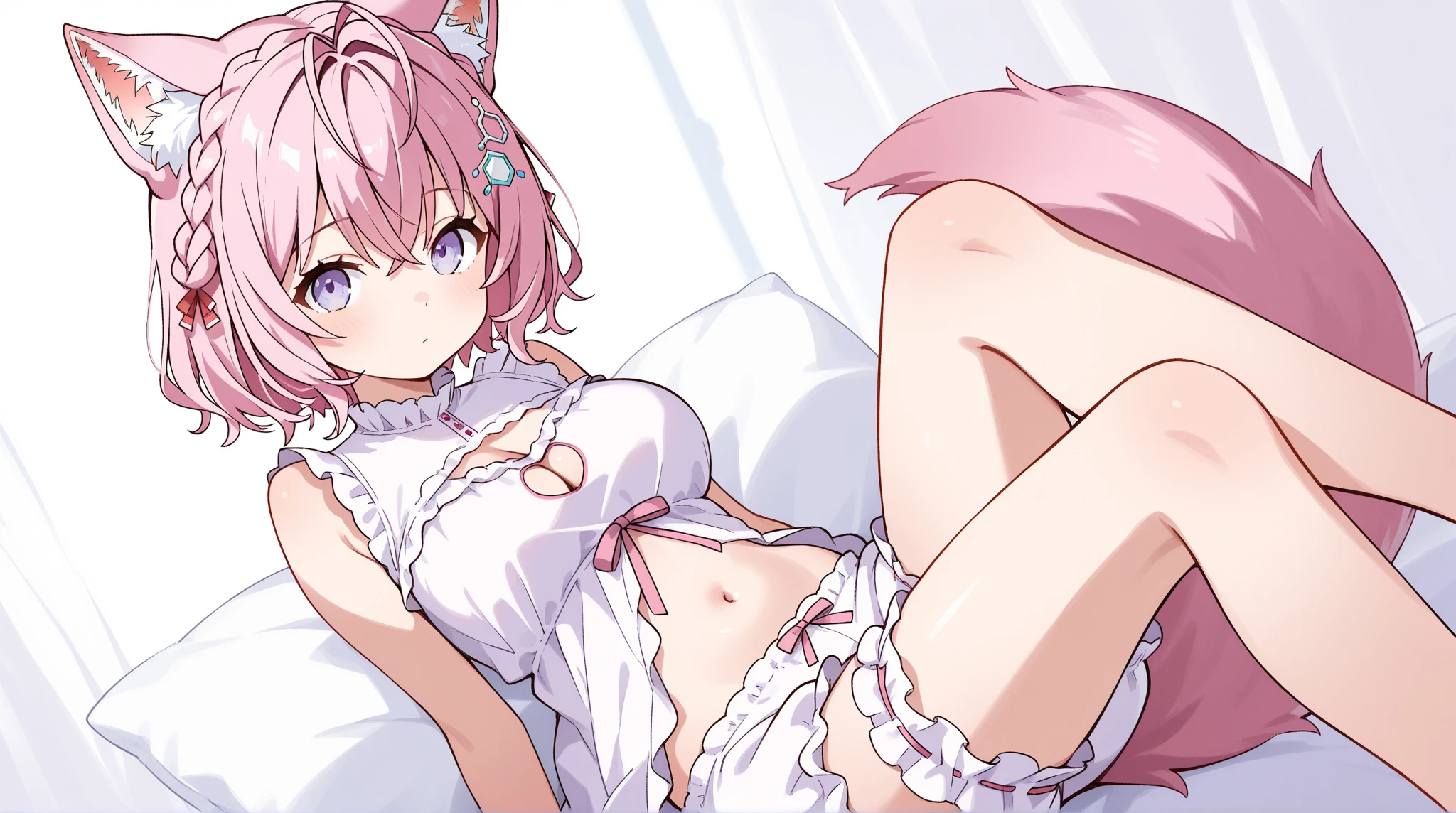 1girl, tamaki,miguzi,animal_ears, anklet, barefoot, laying on bed, blushing, embarrassed, panties, bra, =P