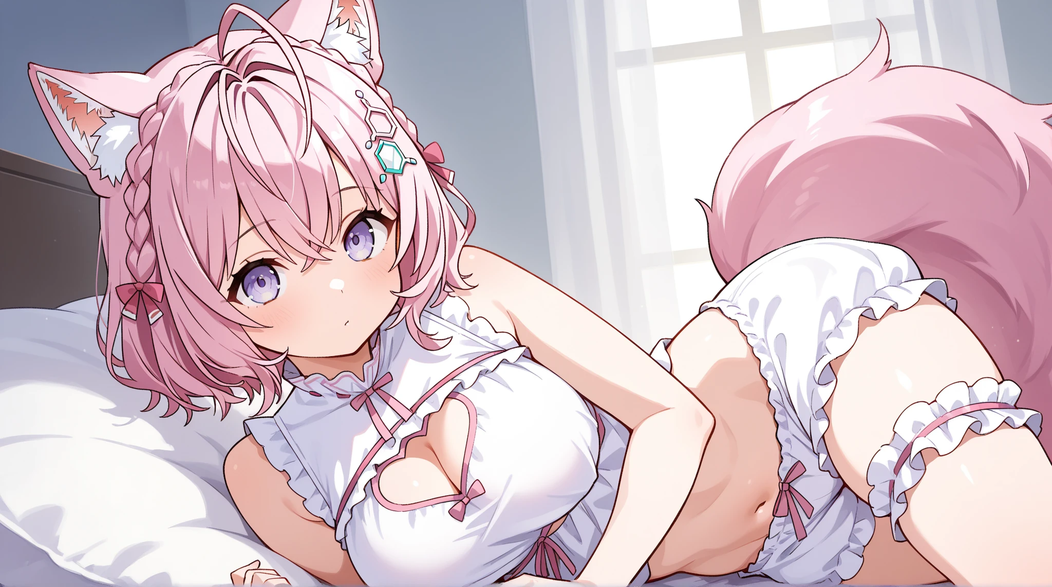 High quality, masterpiece, ultra-detailed, highly detailed outfit, choker, without bra, very tight evening dress, 1girl, solo, peaceful expression, long pink hair, fox ears, enchanting green eyes, ridiculously large breasts, laying on bed, bedroom, many heart-shaped balloons, large amount of balloons