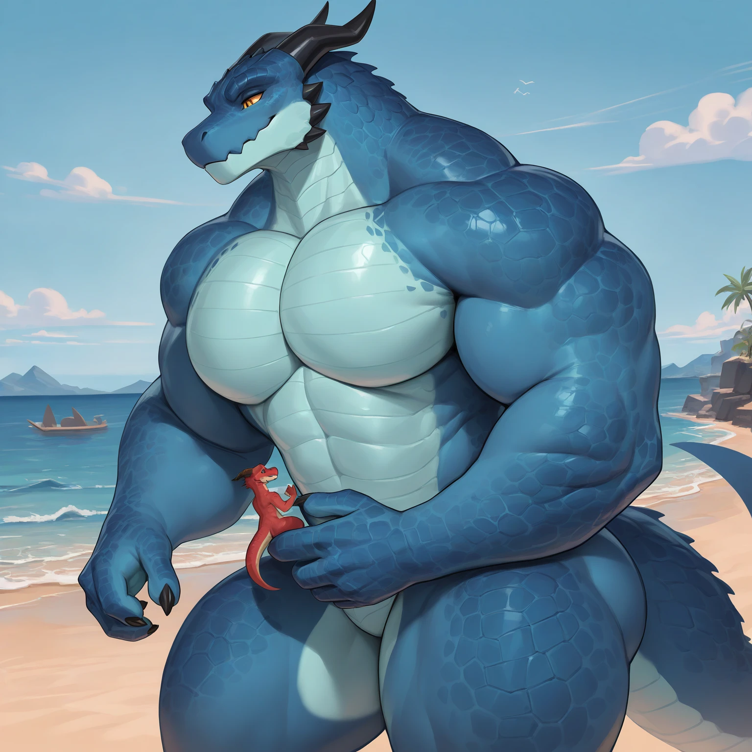 Solo,Male, Fishman Warrior,There is a scar on the face,Brownish-red head fins,There are fins on the arms,Confused eyes, Super huge pink areolas , large biceps, Huge fat breasts, Flat belly,blue color eyes,grey-blue scales,detailed crotch, massive bulge,Brown loincloth。