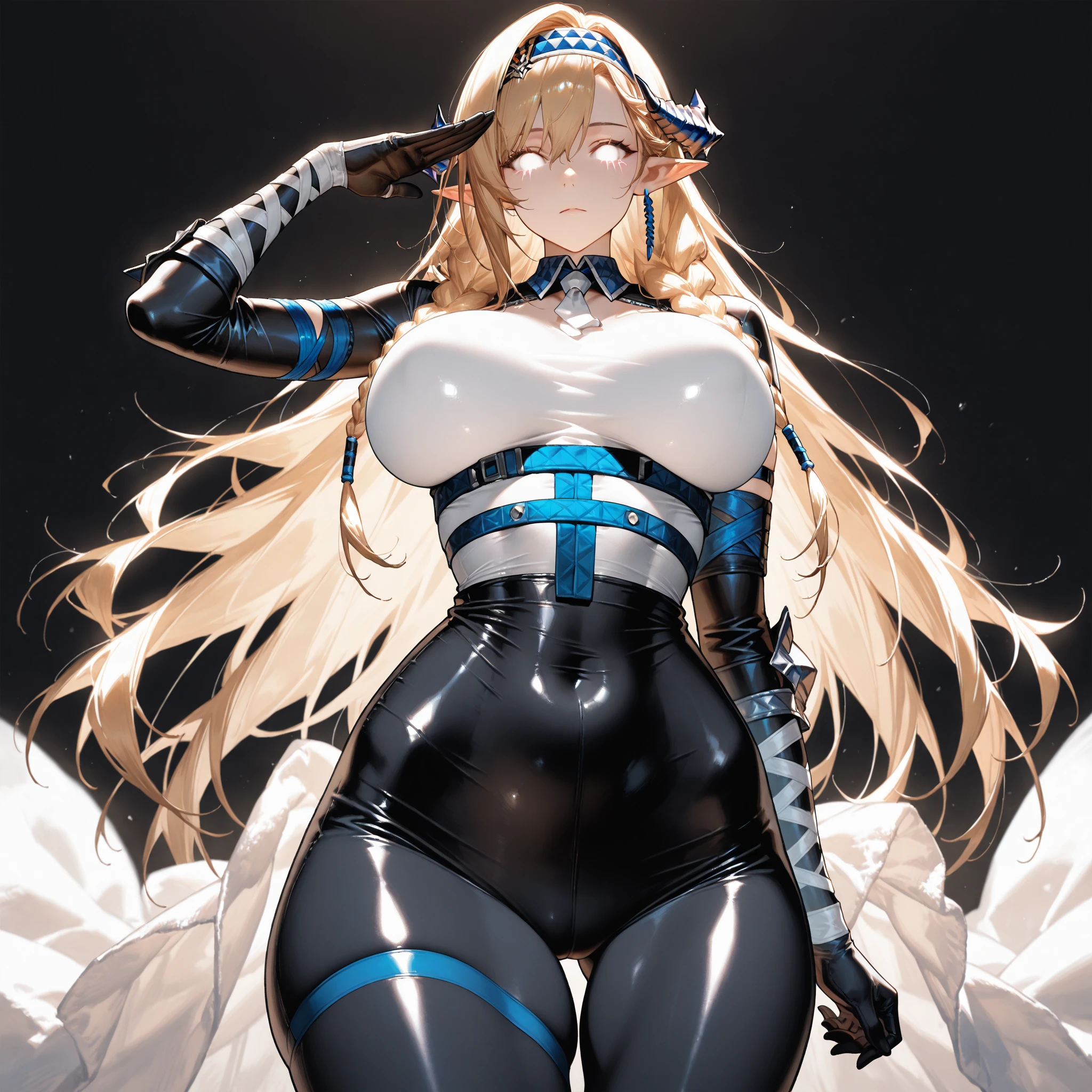 1girl, blonde hair, large breasts, breasts, thick thighs, wide hips, blue eyes, bodysuit, black bodysuit, pantyhose, long hair, serious, science-fiction, tech, futuristic, black pantyhose, thighhighs, neon, machinery, hair ornament, ornament, neon trim, an8me style, 2d, anime screencap