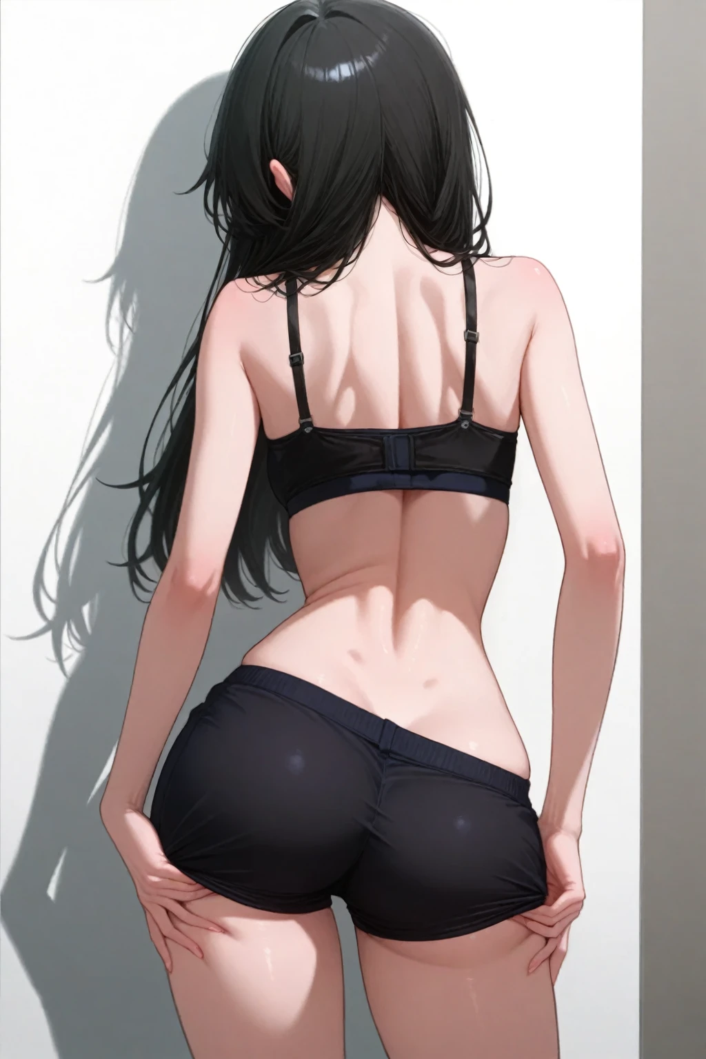 Female, Black hair, slender, topless, thong, facing away, bent over, ass view