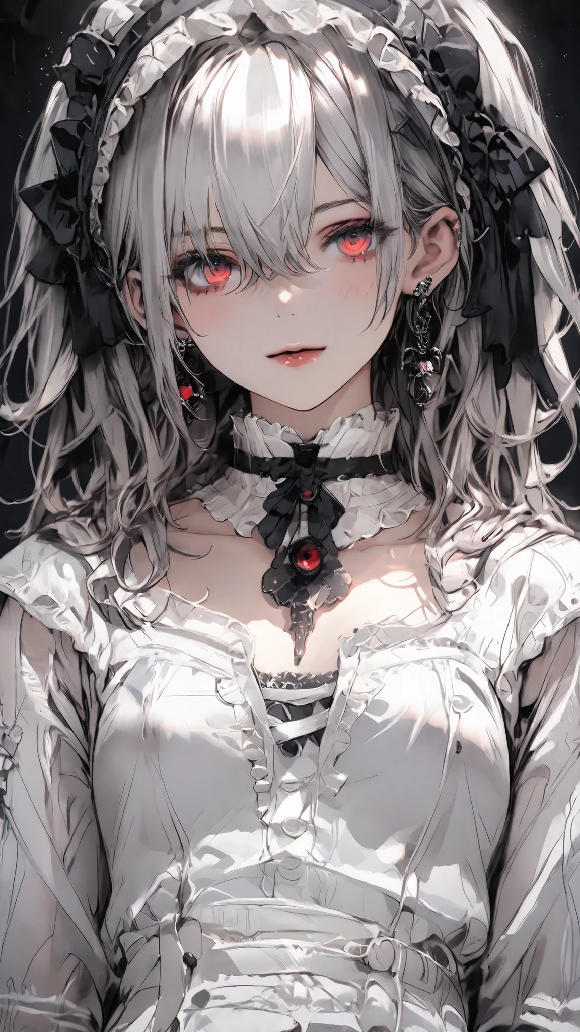 high res , masterpiece, anatomically, top quality, high res model, High Details, Anatomically anatomically, Norman Rockwell & Tim Burton style、Watercolor touch、 Edward Scissorhands、White lace outfit、skinny,Cute Girl、Alone, dark background 、 Fantasy shot mirrorless camera for Nikon Z7 II、 horror、 darkness、Gothic、A girl is playing with a stuffed animal,