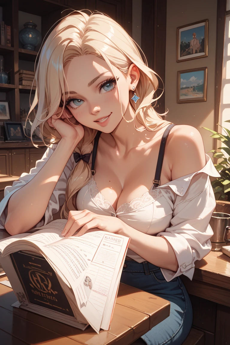 (masterpiece:1.2, best quality), (1lady, solo, upper body:1.2), clothing: loose-bag, comfortable pajamas Accessories: Holding a signature pen, Hair: Long white hair Makeup: dark brown skin, natural, glowing skin Behavior: Facing the table, sitting at the table, smiling Location: study, study desk, brown eyes, huge breasts,