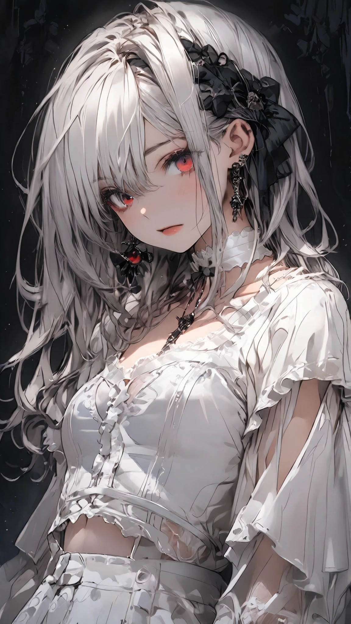 high res , masterpiece, anatomically, top quality, high res model, High Details, Anatomically anatomically, Norman Rockwell & Tim Burton style、Watercolor touch、 Edward Scissorhands、White lace outfit、skinny,Cute Girl、Alone, dark background 、 Fantasy shot mirrorless camera for Nikon Z7 II、 horror、 darkness、Gothic、A girl is playing with a stuffed animal,