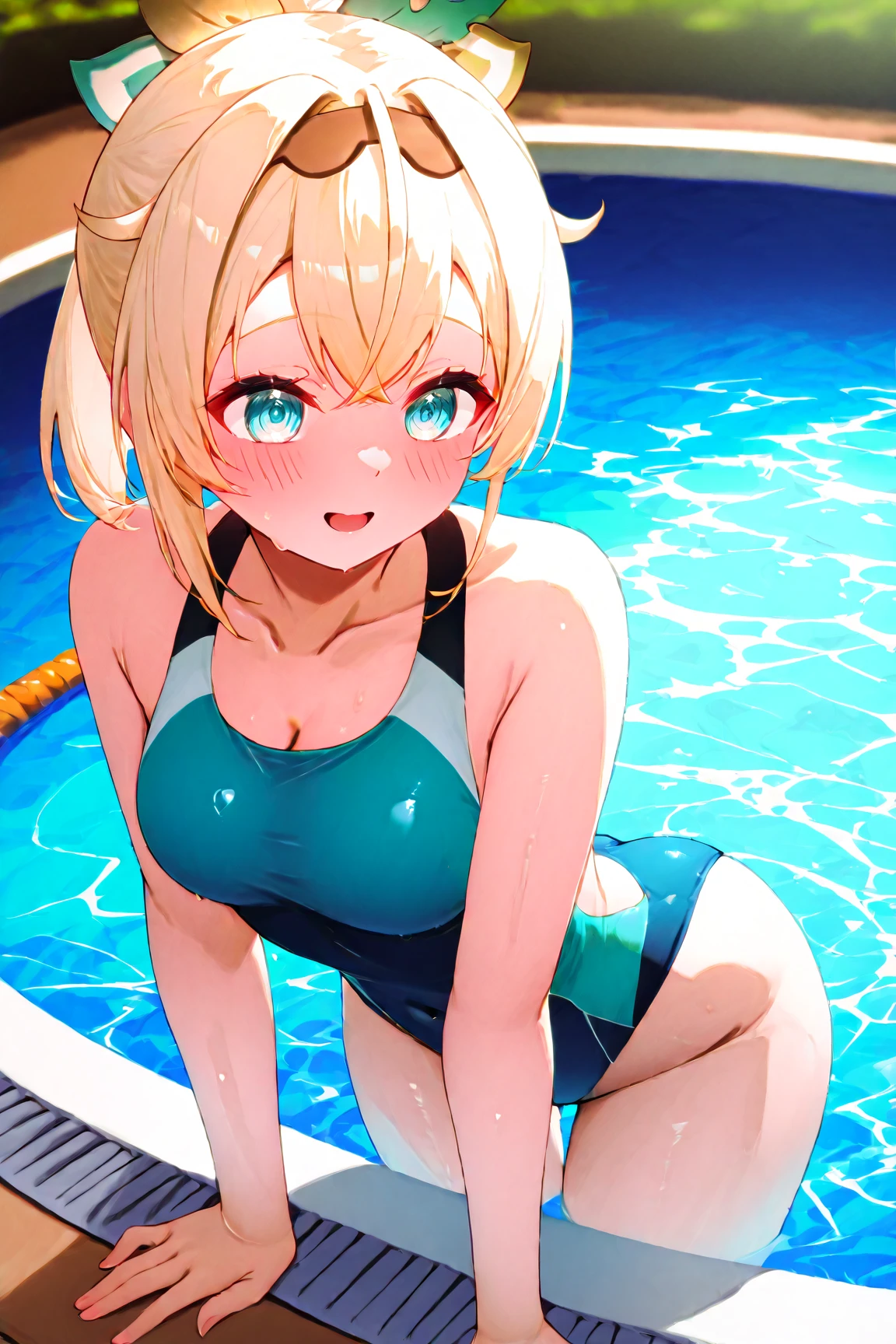 Masterpiece, Best Quality, extremely detailed, cheered up, girl,night pool,high waist bikini,SMILE,:d,action,ass focus