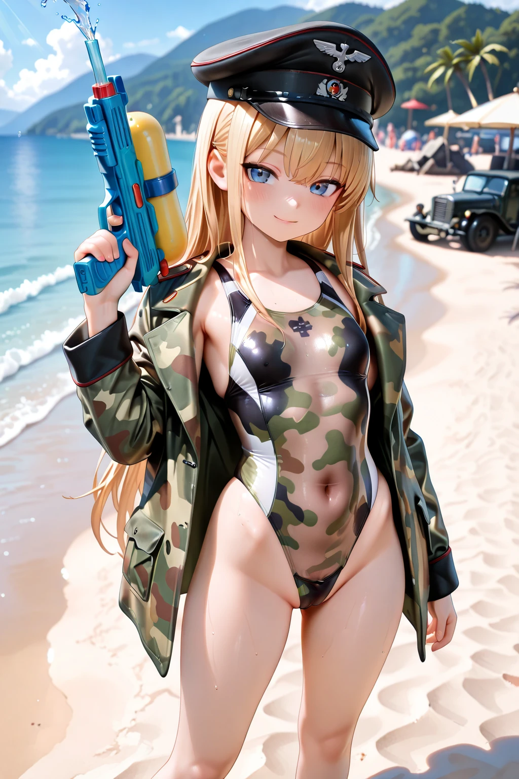 Perfect Anatomy　Highest quality,Highest Resolution,(((Orange Bikini　Thigh-high boots)))　Metal Max 2:Reloaded　Mishka　Blonde　long hair　Blue Eyes　D Cup　20-year-old　athletic　Warrior　cool　Rocket Launcher