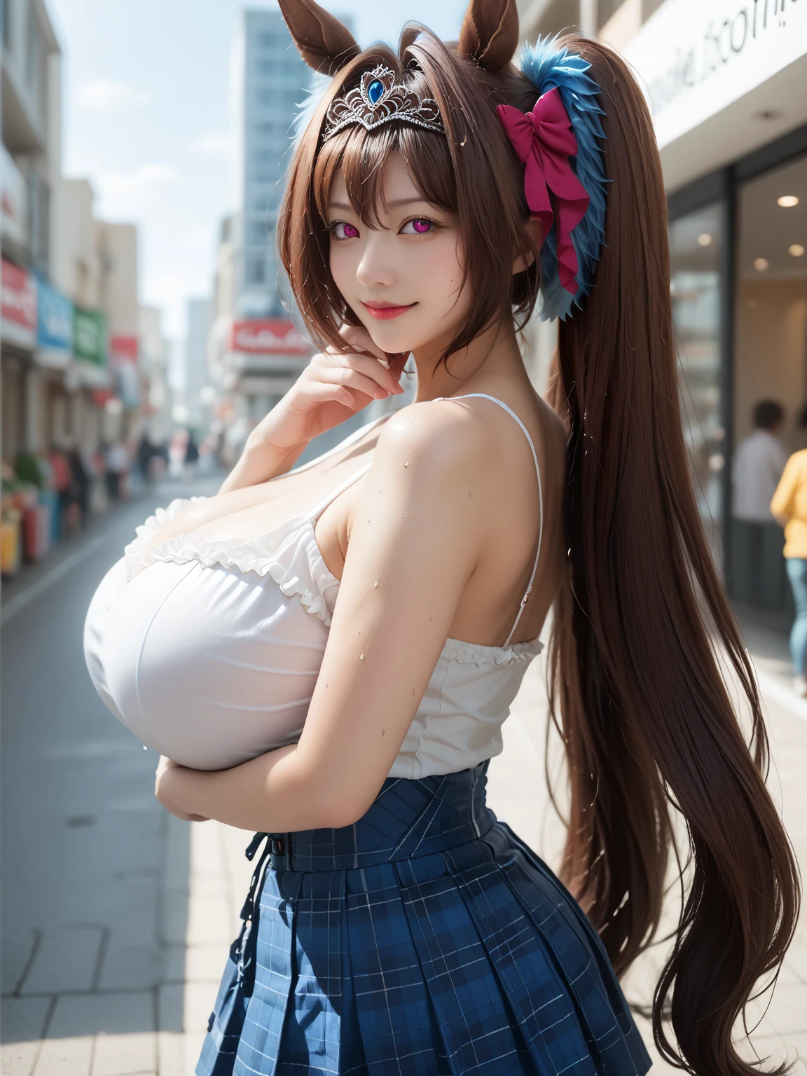 4D, Goddess of Japan, (((Best Quality, 8k, Masterpiece: 1.3)), 1 woman, Beautiful girl with fat belly emphasized: 1.3, (Hairstyle random, big: 1.2), Super detailed face, Detailed eyes, Double eyelids, Sauce eyes, Look here and smile