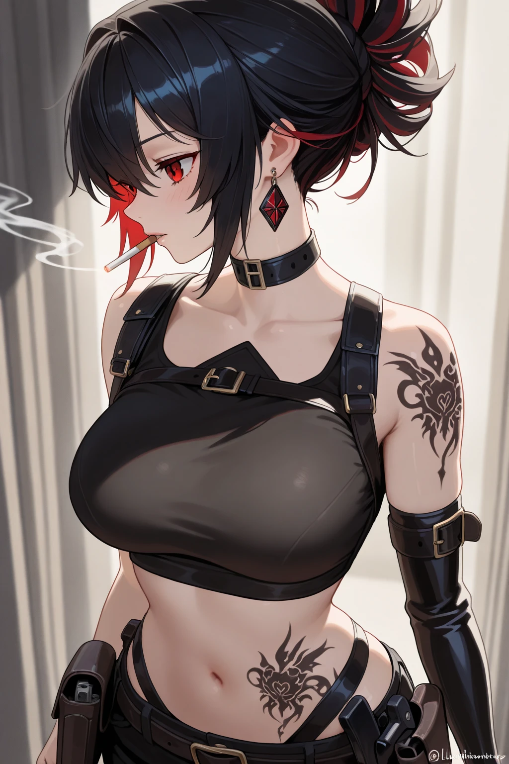 big breasts,1Adult gothic girl, solo, passionate expressive eyes ((black hair: 1.4, red tips, multicolored bob hair with side ponytail, choker)), Double eyelids, light effect on eyes, brown eyes, adult woman, milf, (Black top, red pleated skirt, fishnet stockings, goth style) confident face, sfm, eyebrow piercing, ear piercing, navel, teasing, hanging breasts, ((artwork, 16K, realistic, shadow and light on skin )) invent, dark black lipstick, gothic makeup, on the porch of the country house, it's dark night, tattoo on arms, open waist, (perfect symmetrical body)