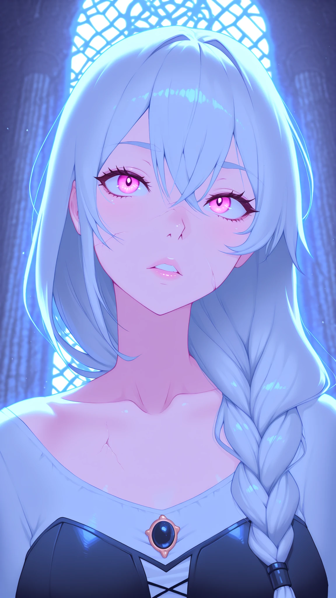 Frozen, misty Forest, ancient being, winter, snow, winter witch pale skin, purple eyes, eyes in the fog, regal appearance, cabin,