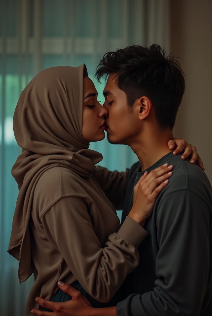 Black headscarf at home, white long sleeve t shirt, grey sweatpants, white socks, Sexy woman with glasses kissing a man 