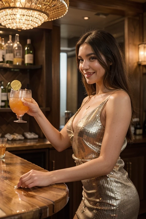 This woman's name is Ailina. Ailina is 18 years old and of Russian origin, living in America. She has wheat-colored skin, brown eyes, and wavy hair. Ailina has prominent jawlines and slightly full lips. She is smiling brightly, showcasing a big gold necklace around her neck. The photo is a full-body shot taken from a moderate distance in warm lighting with dramatic shadows, vibrant colors, photorealistic quality, and extremely detailed 8k resolution. Ailina is dressed in an elegant white outfit with a deep neckline, standing next to a chic rooftop bar. Her hands are out of the frame as she raises a glass in a celebratory toast, her face glowing with excitement and joy. The bar area is stylishly decorated with modern furnishings and ambient lighting.