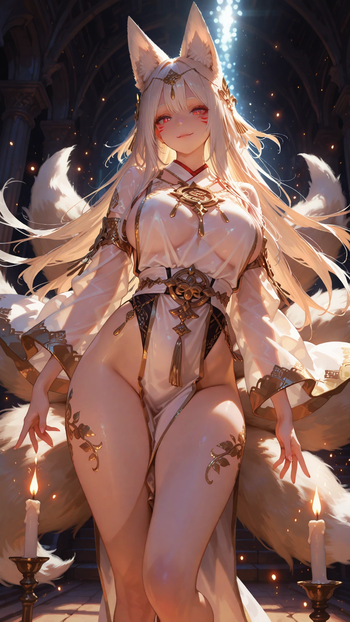 (best quality, 4k, 8k, highres, masterpiece:1.2), ultra-detailed, detailed face, detailed lips and eyes, attractive appearance, expressive face, ((anime art style)), (pixiv:1.3),
BREAK
BLARKY beautiful caucasian woman with very long straight white hair,(yellow eyes),fair skin,expressive face,attractive appearance,animal ear fluff,animal ears,extra ears,fox ears,fox girl,fox tail,long hair, bangs, hair between eyes, large breasts, blush, (17-year-old, height 162 cm),
BREAK A detailed painting,artgerm,Red eyeliner, art by artgerm and greg rutkowski, body paint, (body glitter, glitt3r:1.4),
BREAK masterpiece background, cosmic background,
BREAK celebration,happiness,hurray,party,super happy,excitement,joyful,fun,cheers,smiles,laughter,energetic,positive vibes,victory,achievement,success,awesome,amazing,memorable,spectacular moment,dream come true,unbounded happiness,floating hair, bent knees, open mouth, jumping, ((full body shot)), wink, ((( ;3 ))), (zentangle:1.3)