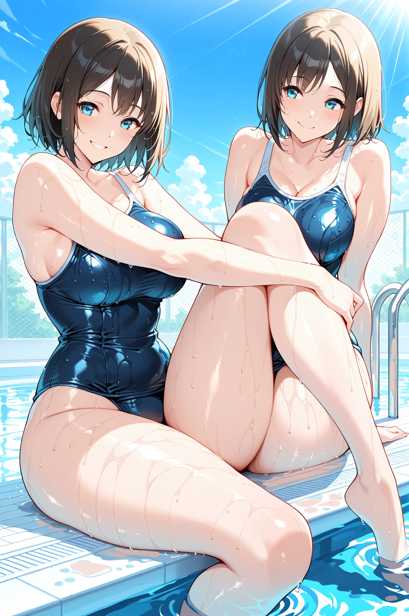 masterpiece,best quality,best resolusion,1 girl,2heads,shiroko character,detailed,conjoined twins,has two wolf ears on top of the head, has a round blue circle of light,short silver hair,blue hair ornament,blue eyes,wearing a tight dark blue women's swimsuit,normal breasts,beach background,beautiful face,beautiful eyes,beautiful body,beautiful hand,beautiful hair, sitting, (legs crossed:1.4), (crossed legs:1.4)