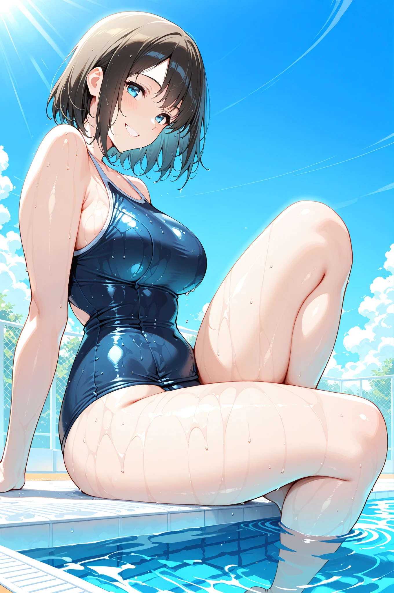 (8K、Best image quality、Highest quality、masterpiece)、Detailed face、1 Girl、He is black、dull、Wicked Smile、Cowboy Shot、blue sky、Pool Background, (Huge breasts:1.8), (thin:1.2), (latex:0.8) , (Realistic swimsuit:1.6), (One piece swimsuit:1.6), (Teen:1.4), (Pale skin:0.4), (From below:1.6), (Upper Body:1.6), Nipple erection
