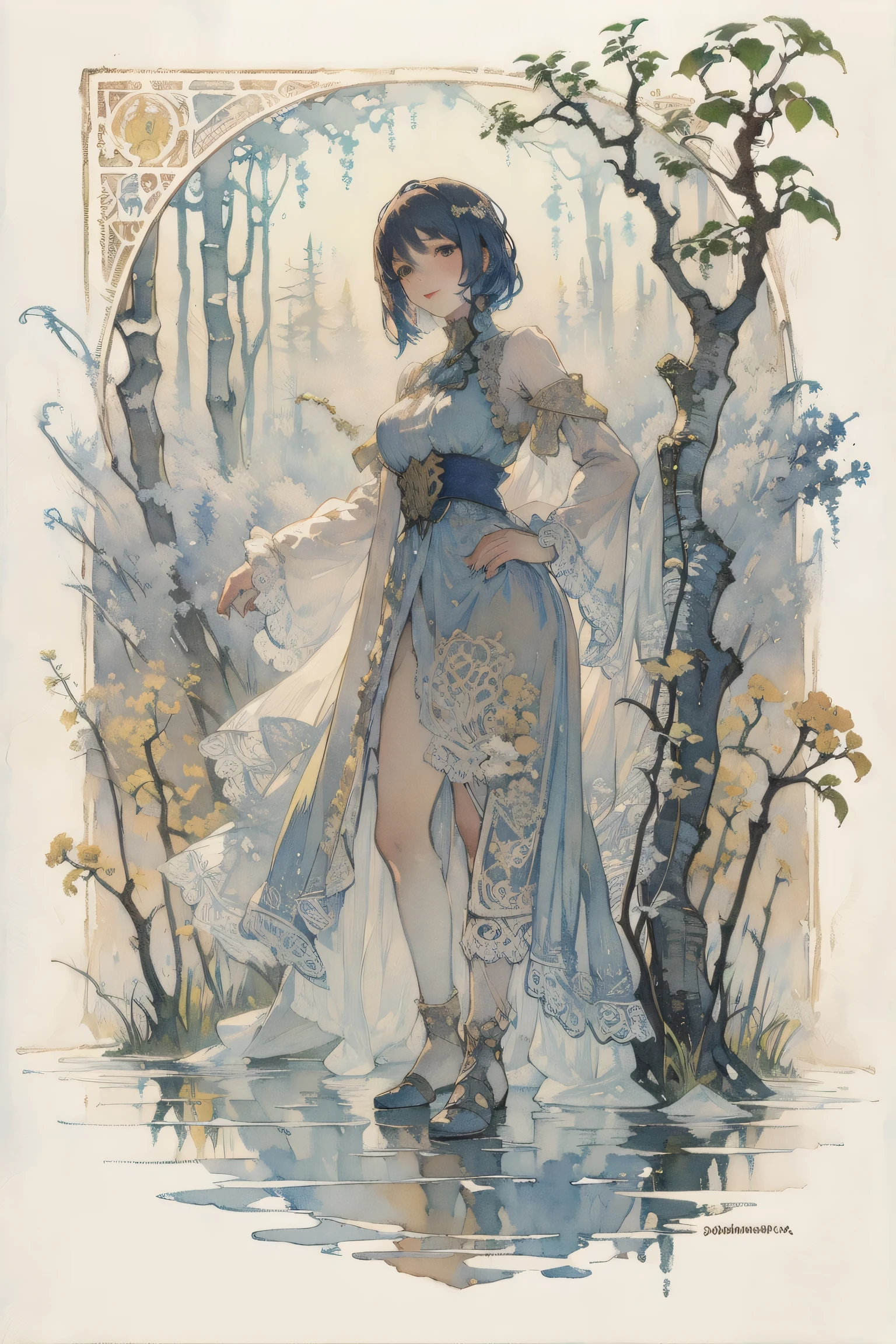 art nouveau, alphonse mucha, ivan bilibin,, Plant and tree design、1 woman, Watercolor, summer, lac34rmor, (cat, from front)