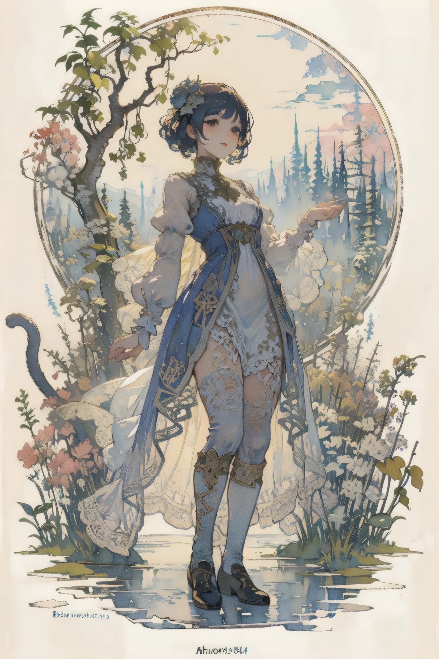 art nouveau, alphonse mucha, ivan bilibin,, Plant and tree design、1 woman, Watercolor, summer, lac34rmor, (cat, from front)