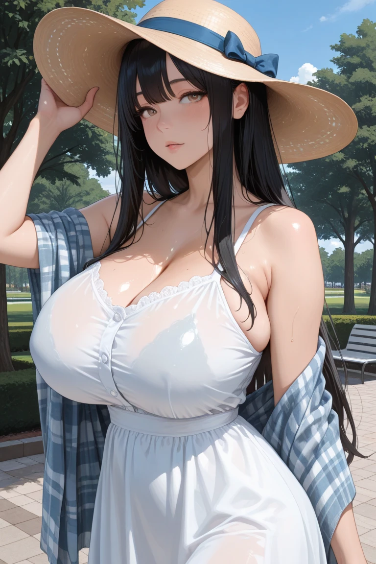 Teen Girls(​masterpiece:1.4)、(in 8K、realisitic、Raw photo、top-quality:1.4)、(Real Face:1.4)、(real looking skin:1.3)、超A high resolution、A hyper-realistic、Eyes in Beautiful Details、long black hair、Braids、White dress、a straw fedora hat、high detailing、(huge-breasted:1.5)、Blushing、a smile、gargantilha、flower  field