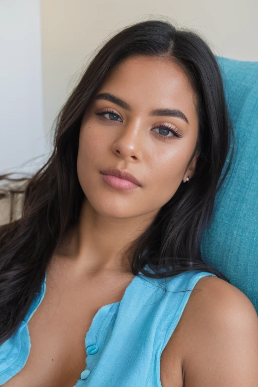 RAW photo of a women, super detail, high details, high quality, ralistic, black hair, blue eyes, tanned skin, summer dress. 