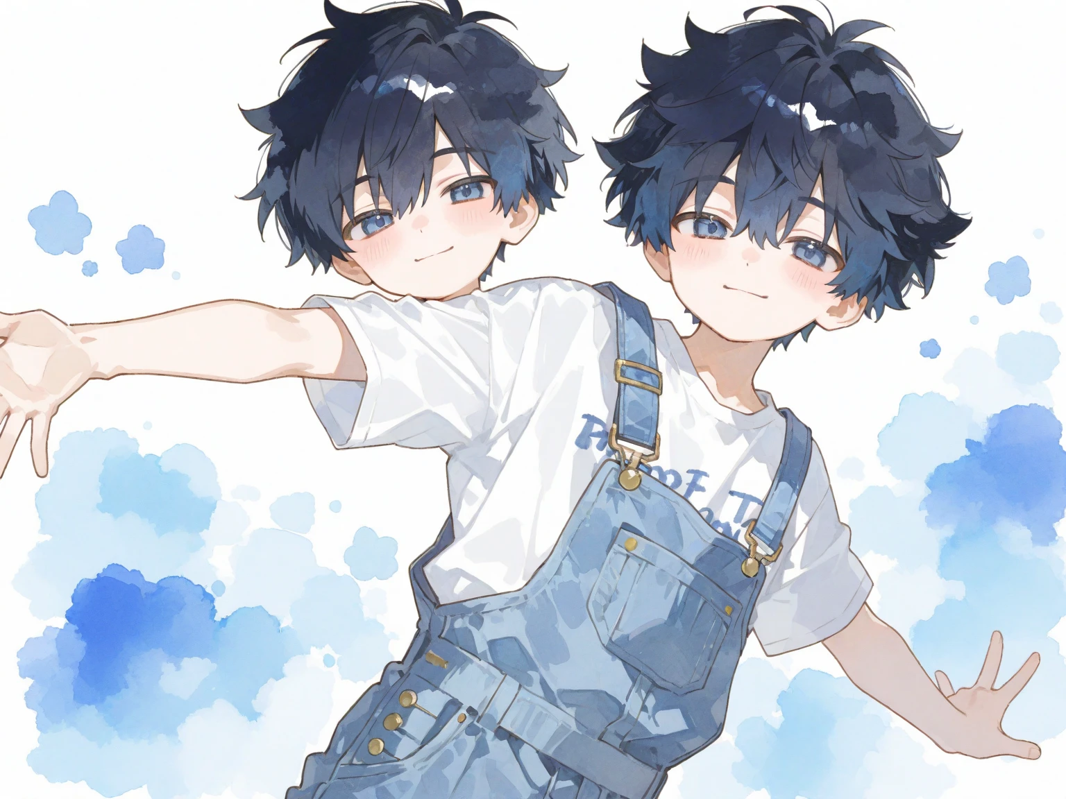 Two Chinese boys around 9 years old，Slightly thin in normal body shape，He wears a light blue short-sleeved shirt，Light blue shorts，espadrilles，weeping，Urgency to pee pants，Kneel，A burst of urine，No text background