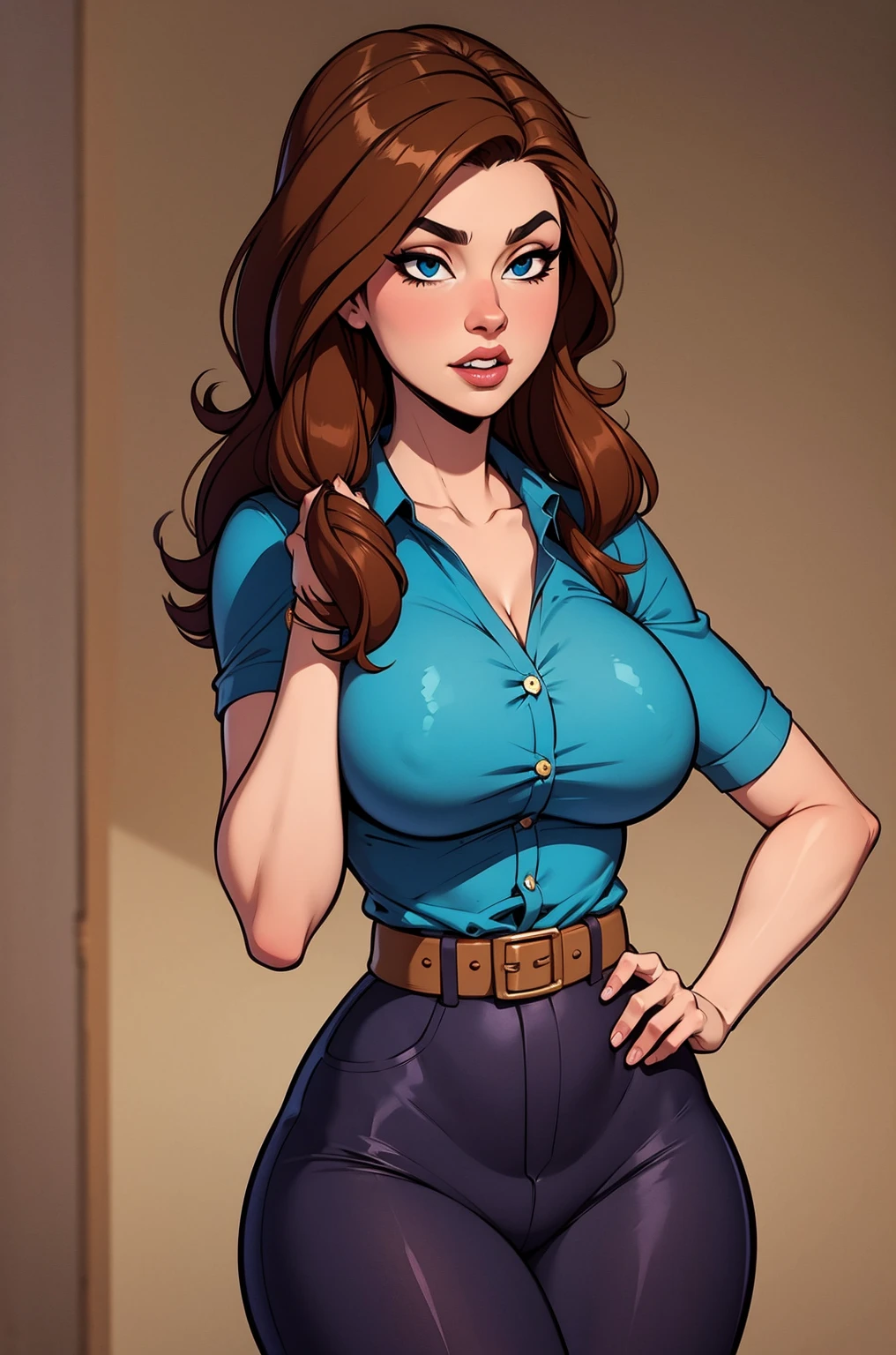 Masterpiece. detailed eyes, rabiestlagomorph, dark tanned skin, light blue eyes, brown hair, busty, black crop top, jeans, thin waist, wide hips, slender