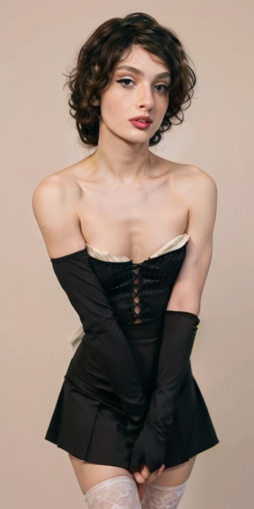 high quality, masterpiece, color photo, 1female, 30 years female, american woman, pierced earrings, bunny suit, cloth gloves, bow tie, black pantyhose, leotard, less exposed skin