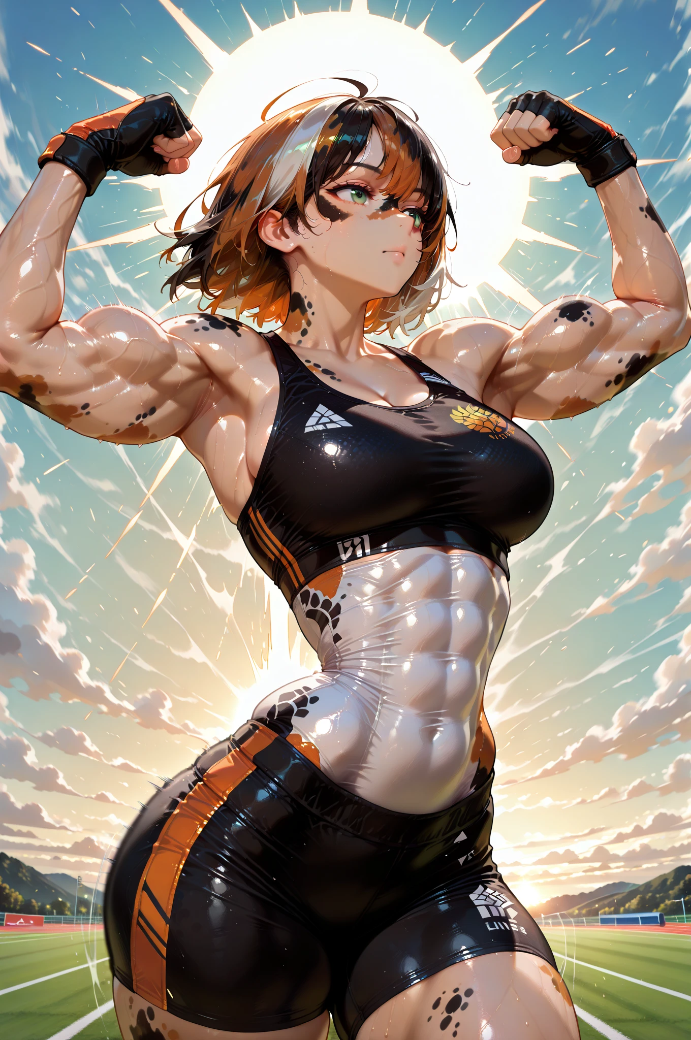 (BEST lighting) , (ultra intricately detailed) , 4K unification, (super-detailed CG: 1.2) , (8K: 1.2),(Original), (Masterpiece) , (Best quality),(Masterpiece:1.4),Anime-ish high quality,(Masterpiece),Masterpiece, Best quality, absurderes,((masterpeace, 4K, 8K, Yes, A high resolution))1girll, she is walking,Head to the gym,Crop topping, Spring, Boots, Perfect figure, short yellow asymmetrical hair, Sweat, Dynamic pose, ((body builder:1.5)),Temple background,(Beautiful bace),(Girl),(Female),(((Upper body:1)))