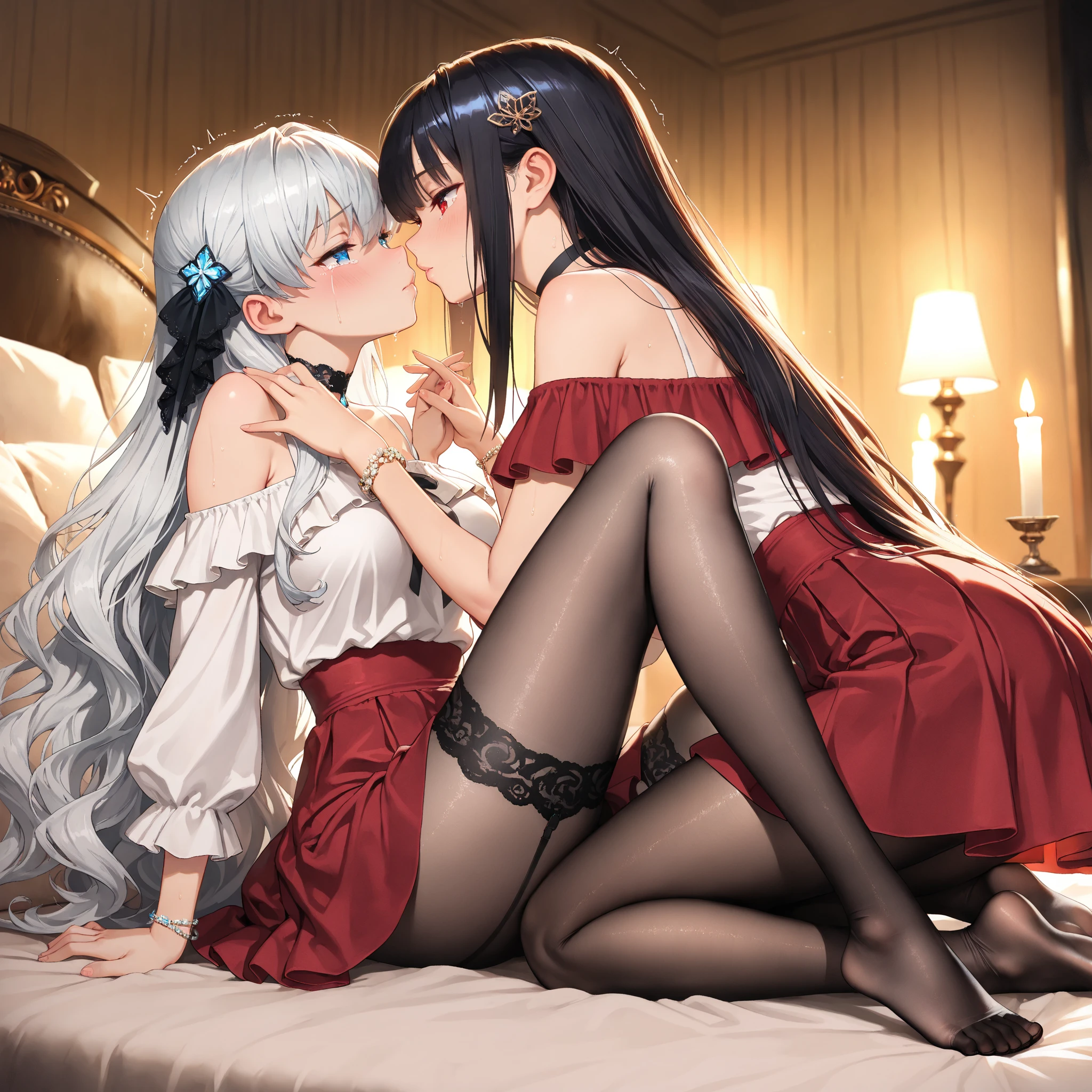 (2 girls:1.9), (2 girls hugging and hold hands:1.5),(Huddle together:1.5), (Lying on a luxury bed:1.5), (Nurse uniform:1.5)、(Butt:1.5), (crying:1.5),(masterpiece, Highest quality:1.2), (cowboy shot:1.3), (Highest quality: 1.5), ((Intensive、Close Contact:1.5)), (masterpiece: 1.5), (2.5D)、8k, Official Art, RAW Photos, (((Skin glowing with oil:1.3)))、(A lot of milk all over my body:1.5)、 (best quality:1.2), (arms up, open legs:1.3), ((Sad:1.3))、(Beautiful night view, Huge windows, Luxury bed:1.3)、Soft Light, Beautiful and slim,Lift your hips high, Elegant and sexy, ((((Wet)))), 