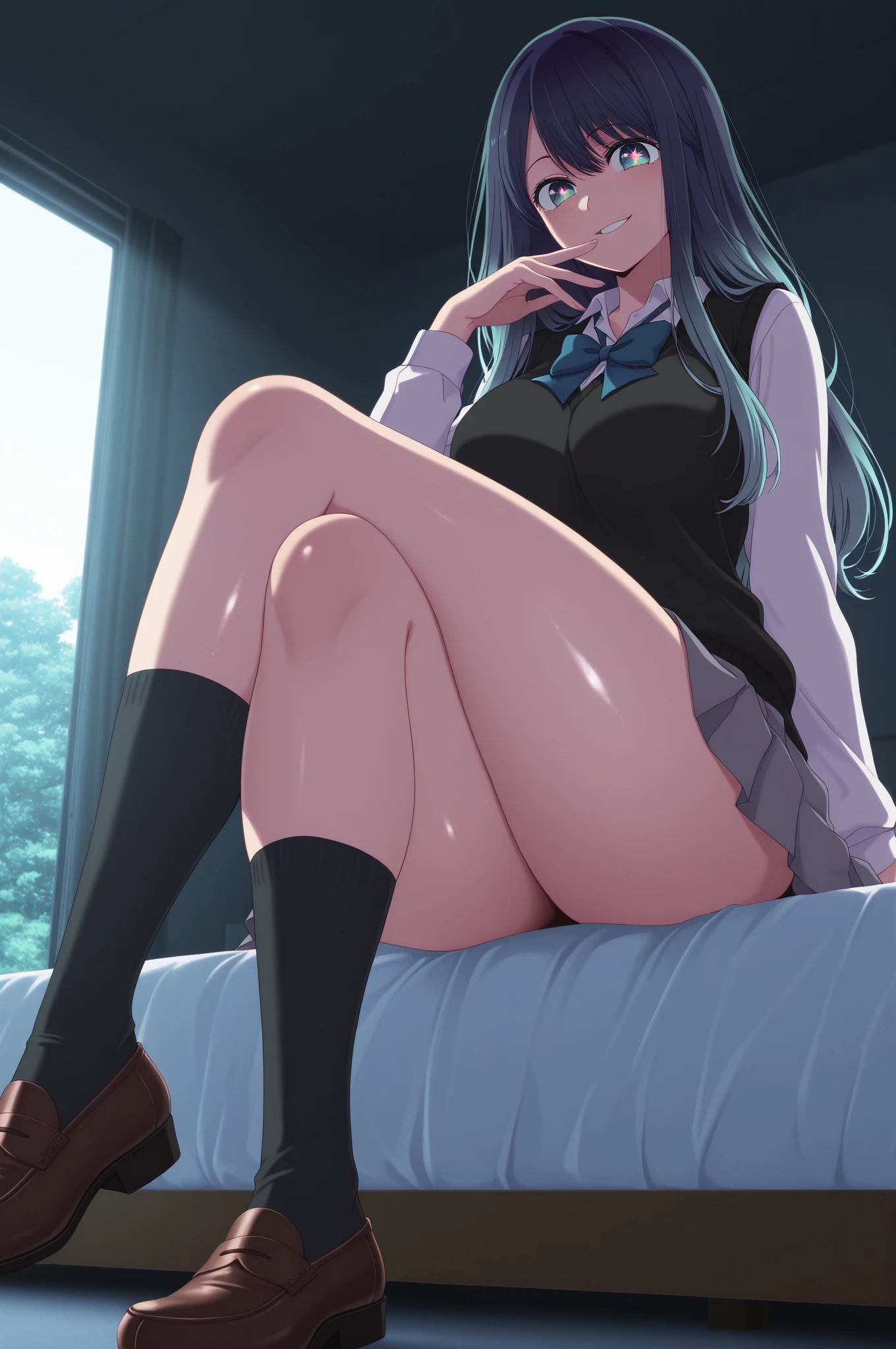one,((school uniform、hair ornaments、Black nail polish、Black shoes))、(The setting is that she wears thongs)、(Purple hair color、Silver inner color hairstyle), Beautiful Hair, Facial Contour, Remember, Hotel, moonlight、splash, Lens flare,, Natural Color, High resolution, Very delicate, Very detailed, 8k,、Shyness,((Sexual))、Sitting on the bed、View from high heels、View angle from below
