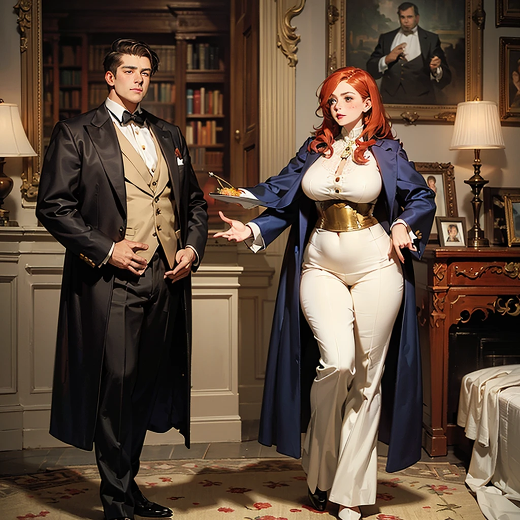 ((Full body photo of a woman dressed as a maid and an old man)). "She has red hair, green eyes, maid's headdress on her head, "he is bald, strong body wearing, he is wearing teddy bear pajamas in blue color, he is beside her with his hand on her waist". "She has the flushed face heavy makeup on face red lipstick", both are in a hotel room opposite the exit of the room