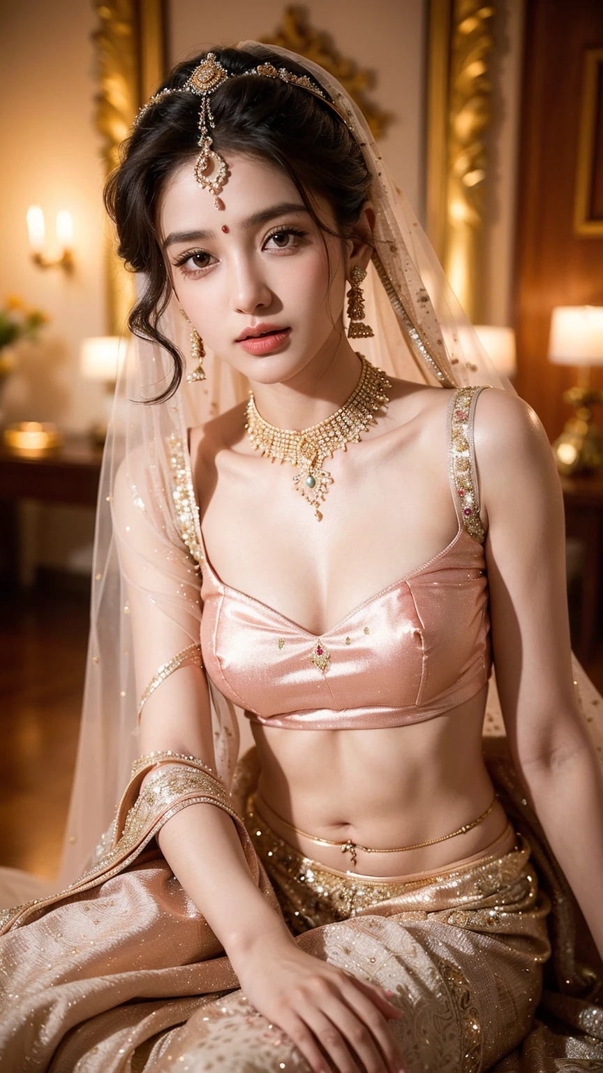 cô gái cực kỳ xinh Pretty;
Age from 18-20 years old;
ivory white skin, ruddy, spotless, sáng shadow, damp;
red hair, smooth, shimmering under the bright sunlight;
amorous eyes, cực kỳ detail, sexy, trong trẻo, high solution, damp;
mí mắt Pretty hoàn hảo, Double eyelids, jet black;
Arched eyebrows, dear, high solution;
Perfectly balanced face, Pretty rõ nét từng detail, ((The photo focuses on the face));
Beautiful nose, cao, Pretty; môi quyến rũ, ((light pink lipstick, shadow));
The girl smiled brightly, smile brightly, răng Pretty trắng tinh;
The girl's body is full of vitality, Tighten clothes;
wearing ruby earrings, Gold bracelet encrusted with precious stones, gold mesh emerald necklace, lapis lazuli belt, Diamonds attached to clothes;
firm breasts and nipples, tight bra, deep slits, ((raised knob));
mông nở nang, tight underwear, flattering figure;
thin silk clothes, embroidered with delicate brocade flower motifs, Pretty thần bí;
metal mesh bra, Has gemstone studs;
Masterpiece photo, Non-NSFW photo quality, 24K CG HD, high solution, đồ họa siêu Pretty, professional, detail, colourful, advanced techniques, ảnh RAW chân thực, High resolution;
The lighting is intricately coordinated, Use black gold rays;
film art photo style, colorful, visual attraction;
((Panoramic photo of a girl standing on the steps of an ancient castle, many huge statues, The ancient tower creates a super magical atmosphere, fresh flower garden));