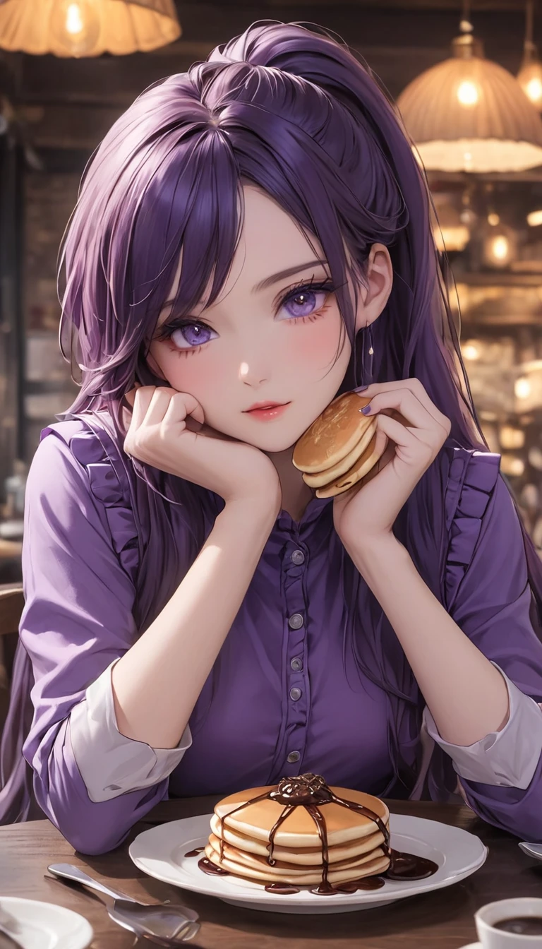 bunny girl, (tan skin:1.2). long purple hair, blue eyes, big breasts, purple turtleneck sweater, eating a cookie, smiling,