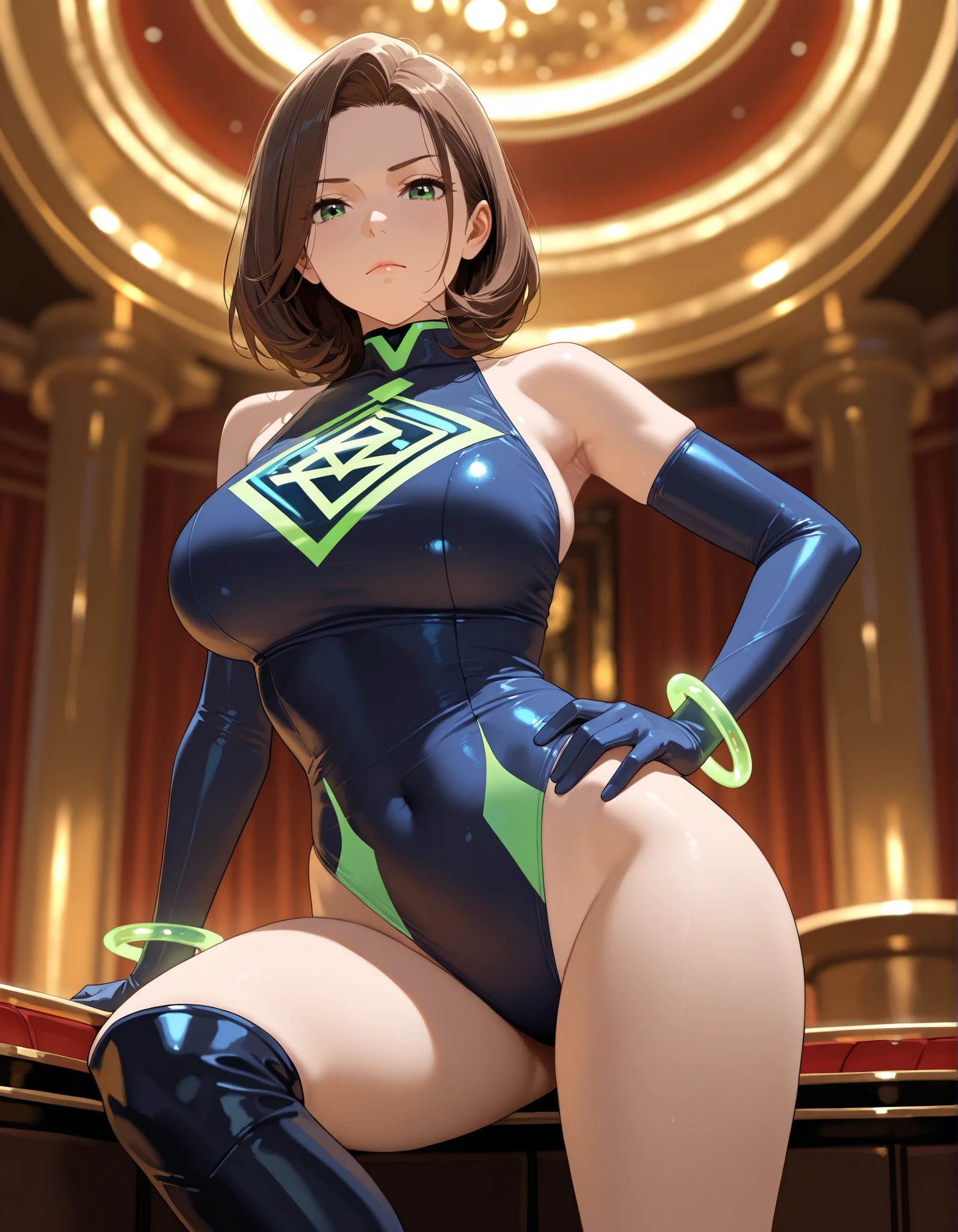 (masterpiece, best quality:1.2), hot melon, hair bun, 1girl, double bun, jewelry, nail polish, toenail polish, bracelet, earrings, breasts, makeup, spiked bracelet, bun cover, toenails, clothing cutout, spikes, eyeshadow, solo, swimsuit, v, hand on hip, brown eyes, muscular, muscular female, black hair, one-piece swimsuit, sandals, full body, blue nails, cleavage cutout, cameo, looking at viewer, thighs, large breasts, standing, confetti, adapted costume, smile, thick thighs, lips, fingernails, eyeliner, from above, highleg, lipstick, toes, blue footwear, biceps, blue one-piece swimsuit, abs, short hair, cleavage, alternate costume, chun-li,
