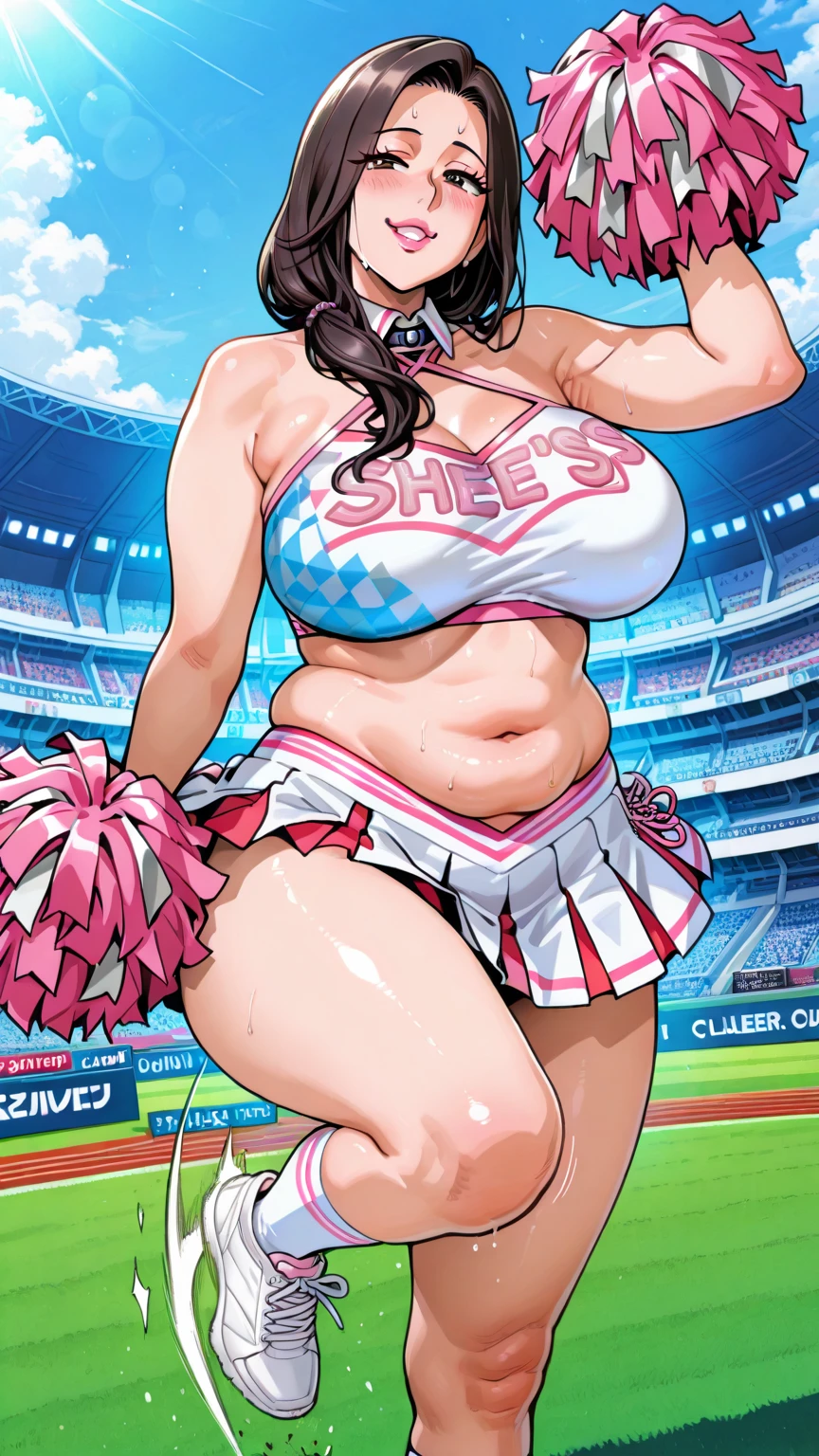 1girl,solo,,super huge breasts,looking at viewer,near,standing up, sweating, long pink hair, sweating, cheerleader, cheerleading, nsfw, golden eyes, sexy, open skin