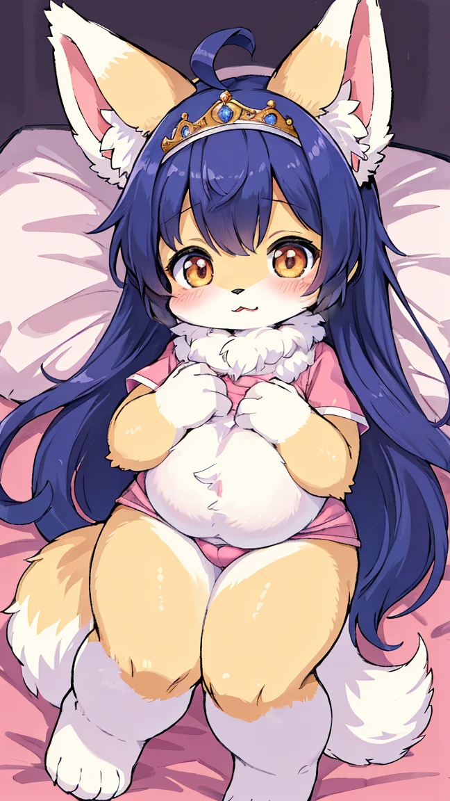 Furry, furry kemono, female fox furry, cute, 4 big ear, chubby, cute little baby, pink and coloured hair, fluffy gold and pink coloured tail, a pink, blue, and white maid dress, laying on bed leisurely, luxury, a luxurious tiara, in a kingdom, (((masterpiece))), (((best quality: 1,4)))