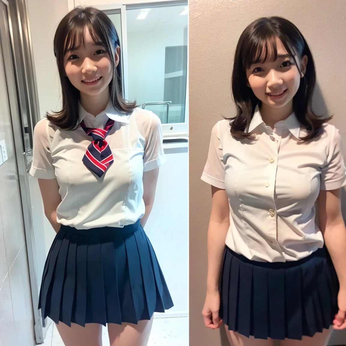((Highest quality)), ((masterpiece)), (Detailed boobs), (Perfect Face:1.8), (Perfect Eyes), (Very detailed), (Perfect detailing) ,Very detailed顔と肌の質感, (Perfect body), (Perfect Face), Three Girls, Very detailed目, (日本のcuteアイドル, 驚くほどcute顔, cute), (Junior High School Uniform),、Open your shirt and expose your 、No pants on, No bra, Super short skirt, Cleavage, Lift up the skirt, (No pants, Hairless pussy), Huge breasts:1.6, Nipples, (smile:1.3), Open your mouth, very細い脚, Braid, short hair, (On a street corner in Tokyo, Outdoor, very混雑している:1.2), From below, (Cowboy Shot), (No makeup:1.2)、(No makeup:1.5)、(very thin thighs)、very thin body、very 、very small ass、very short stature、Short legs、(13-year-old girl:1.2)、(Baby Face)、Big Head、Round face、Big eyes、Her huge breasts are obvious even when she's wearing clothes、She's slim but her breasts are big、Her skirt is too short、I can see her pussy、Baby Faceだけど爆乳,naked、Stand with your feet apart、Show me your pussy、Lift up the skirt、Lewd