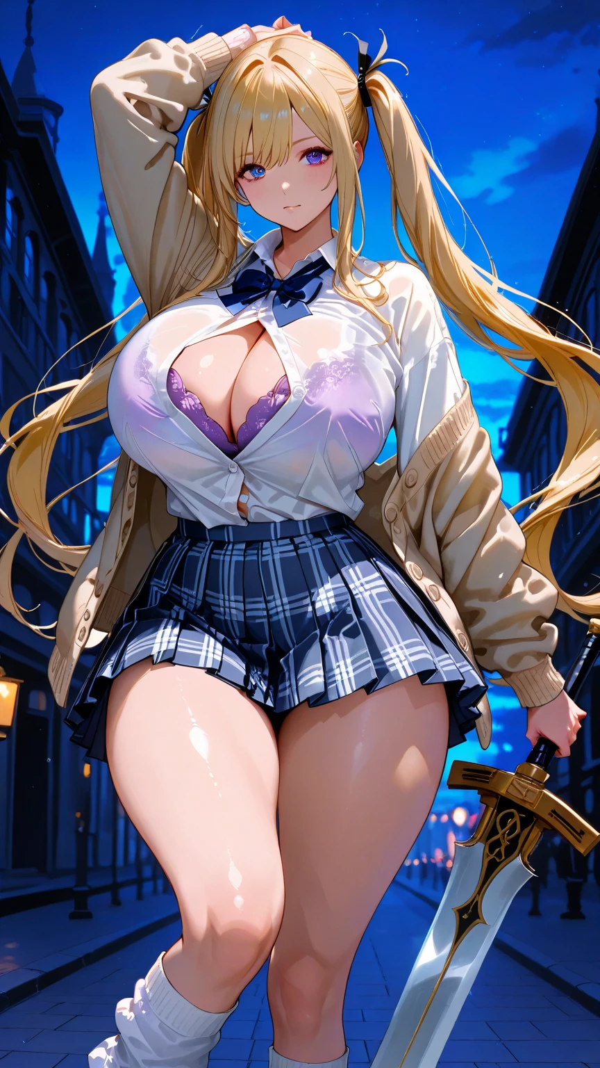 Photographed from a distance、Angle from directly below、Cinema Lighting、Highest quality、Residential area at night、high school girl、girl、Huge breasts、(Kitagawa.Marine)See-through panties、high school girl、、orgasm、juice、Embarrassed、Lean back、Hold the groin、patience、White and blue striped panties、近くの男のペニスをGrip、Grip
