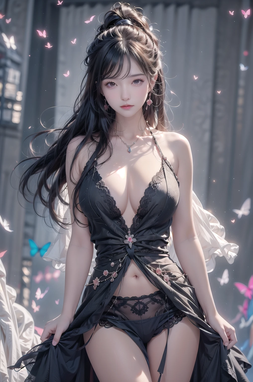 loose outfit、Show shoulders、See-through dresses in dark colors、How to wear a black gown、Decorated with intricate patterns and bright colors、Transparent material that makes the skin shine、Artistic depiction of seductive woman in gown with wet thin cloth and transparent skin, Floral and fantastic pattern with flowing silky traditional see-through skin。Her dress draped elegantly around her curvaceous figure、Emphasizes her charming silhouette。She's a gentle fireworks night、Dynamic Posing、Sexy Posing、bathed in the soft glow of moonlight。The scene is、With a hint of mystery and sensuality、It exudes an ethereal dreamy atmosphere。The image style is、It incorporates a blend of watercolor and digital illustration techniques.、It makes you feel delicate beauty and charm。Soft moonlit lighting、Cast gentle highlights and shadows on her mesmerizing features。Dynamic Posing、Bold poses、The hand is somewhere、see -through、show through、A sexy、Wet hair、Wet、（cherry trees、flower petals、cherryblossom、The cherry tree、Sakura Snowstorm 1.5）、buried、Transparent skin、Wet clothes、（Chest 1.2）、Navel Ejection、Swaying in the wind、Burgundy、pale red、（Slouch 1.5）、Lace color、lace choker、a choker、Lie on your back on the surface of the water、