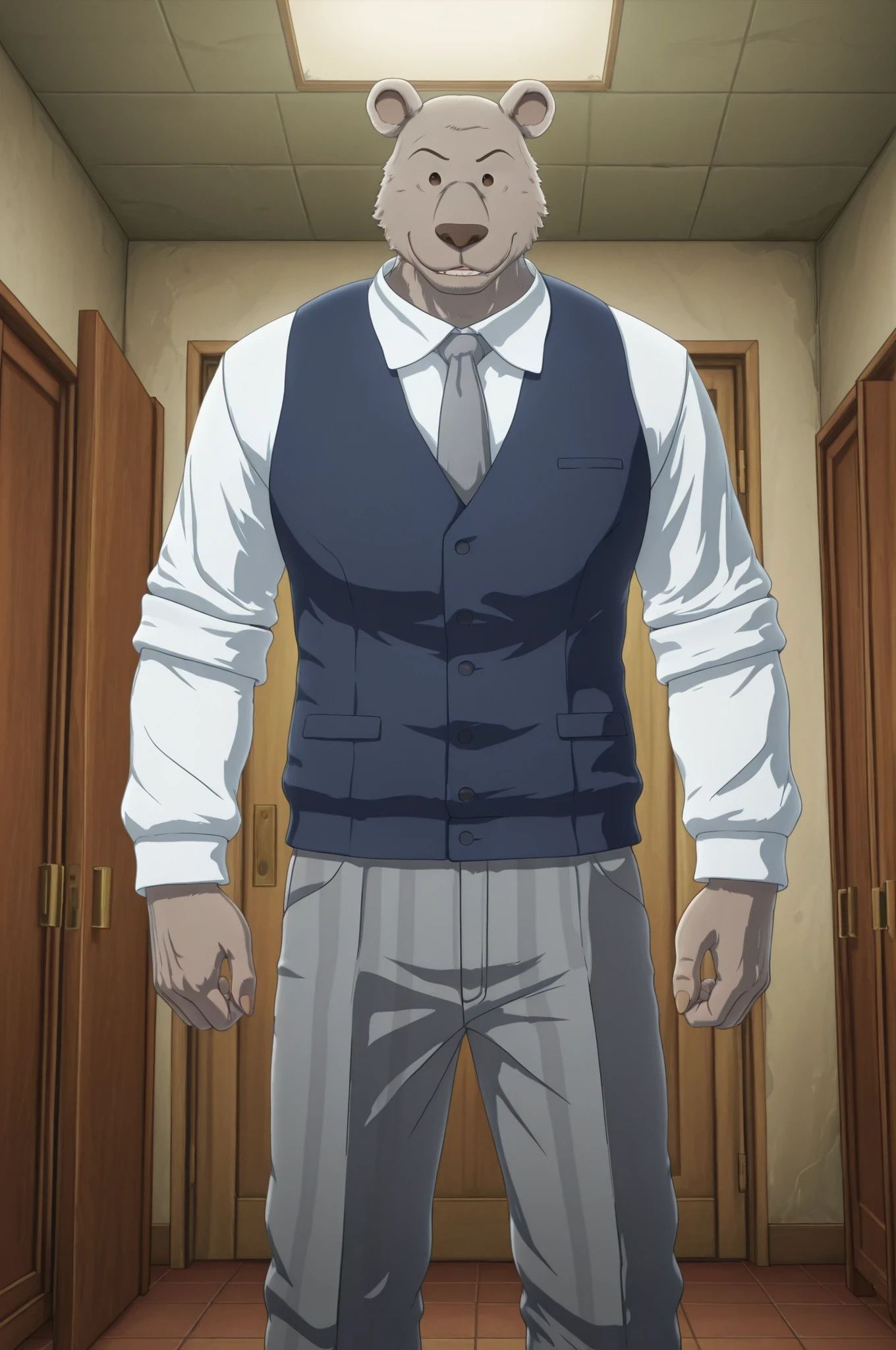 absurd res, best quality, high quality, detailed,  Riz, broad shoulders, mature male, brown eyes, athletic build, muscular male, round ears, bear, buff, gray body, blue vest, white long sleeve shirt, gray tie, standing, indoors, dorm, looking at viewer, half body, smiling