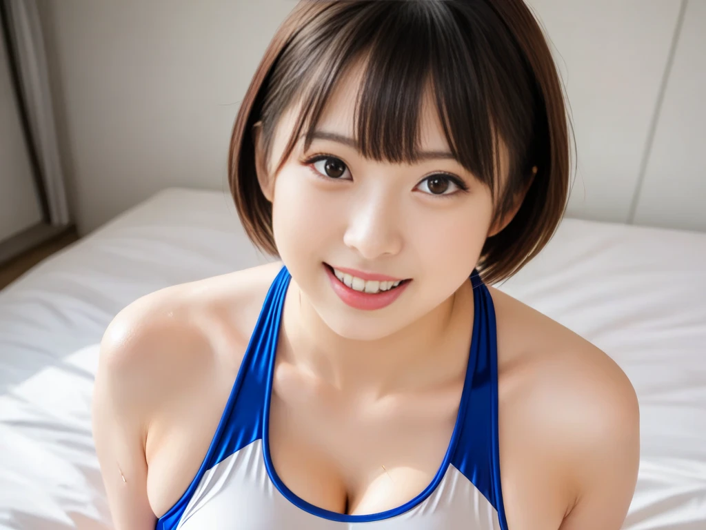 masutepiece, Best Quality, 8K, 8 year old, Teen, Raw photo, absurderes, award winning portrait, Smile, Smile, Solo, Idol face, Delicate girl, Upper body, Digital SLR, Looking at Viewer, Candid, Sophisticated, Thin arms, Professional Lighting, Film grain, chromatic abberation, (Eyes and faces with detailed:1.0), (Bokeh:1.1) , huge-breasted , Distant perspective , bed , laying on back , Perspective from above , closes mouth , Volleyball Uniforms , Short hair