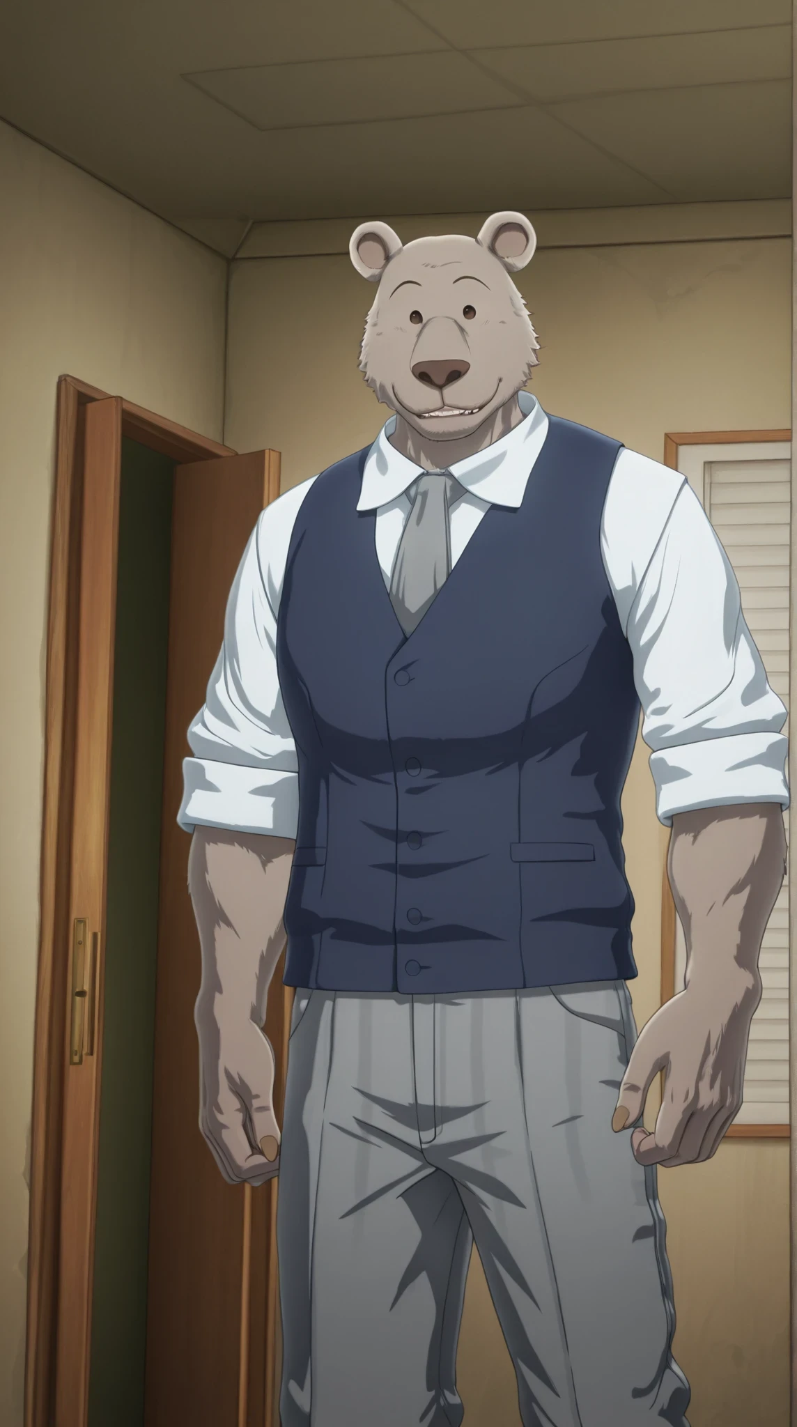 absurd res, best quality, high quality, detailed,  Riz, broad shoulders, mature male, brown eyes, athletic build, muscular male, round ears, bear, buff, gray body, blue vest, white long sleeve shirt, gray tie, standing, indoors, dorm, looking at viewer, half body, smiling