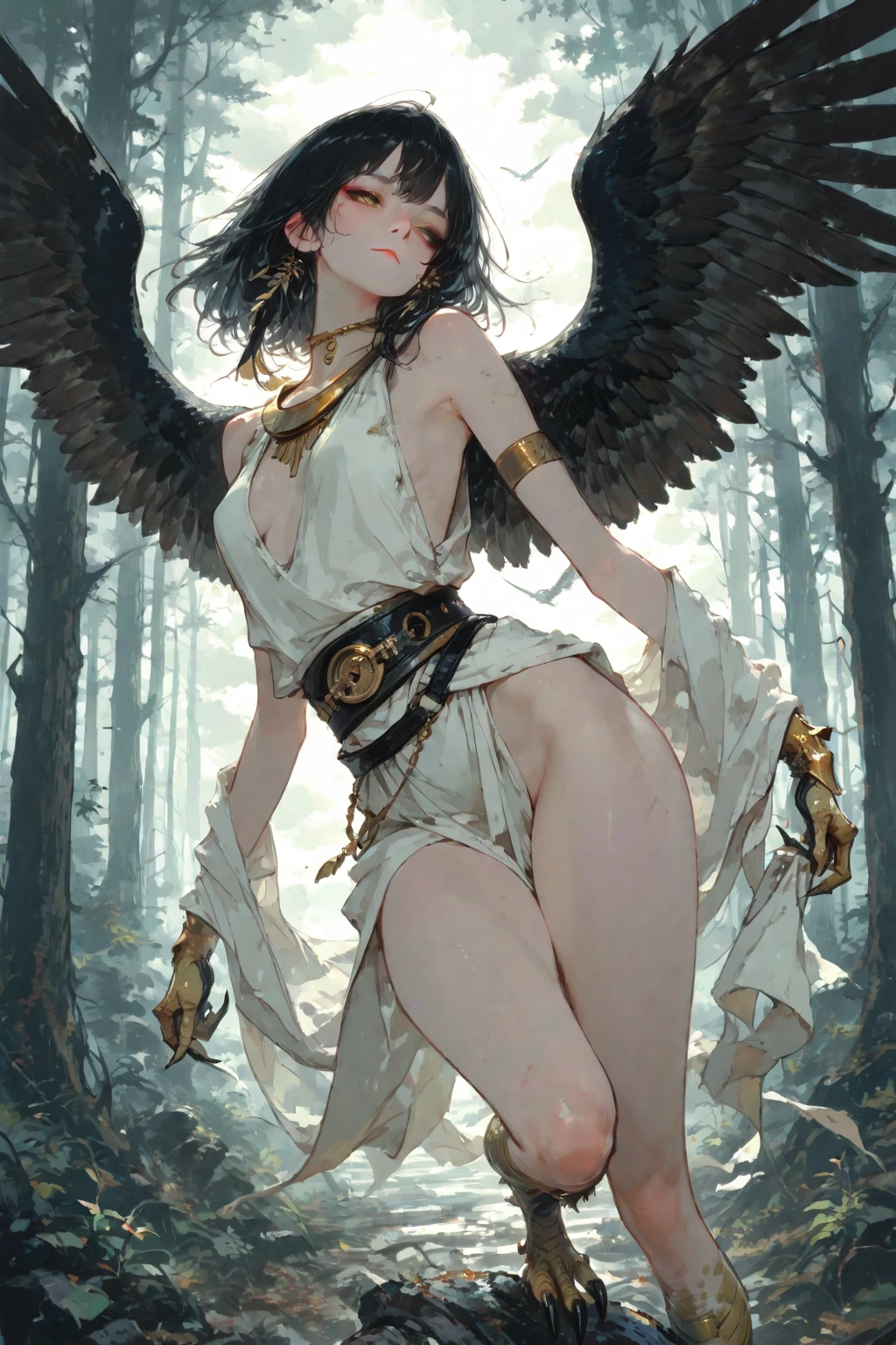 Model: naked body, Naked, Topless, long wavy hair, full dark lips, Smoky eyes, BREAK, Setting: Room with black light, Broken glass, Neon Crystals reflect light, neon lights, BREAK,  Polychromatic geometric patterns, Arms and legs, BREAK, Accessories: Chrome-plated chains with torn body, Silver Choker, black feathered white black wings, BREAK, the pose: looking forward, apaixonado, Wolf, wolf ears,  (gloweyes), ((makeup)),(Cinematic masterpiece), furious, powerfull, splashes of colour, absolutely eye-catching, (Cinematic headlight), Light, coming from above, Growing shadows, ((Caustic)), dinamic angle, beautifully detailed glow, Ambient shading, Ambient light, ray-traced reflections, (better lighting, extremely delicate and beautiful), ((cinematiclight)), (soft: 2), (Nephilim: 1.2), (Halo), horns demon, (1 angel wing), 1 Demon Wing, wings on the back, Half-demon, Demon ears, black wings, Raven Wings, (Falling crow feathers), Perfect hair, gray eyes, (red glowing hair), (Radiant aura),