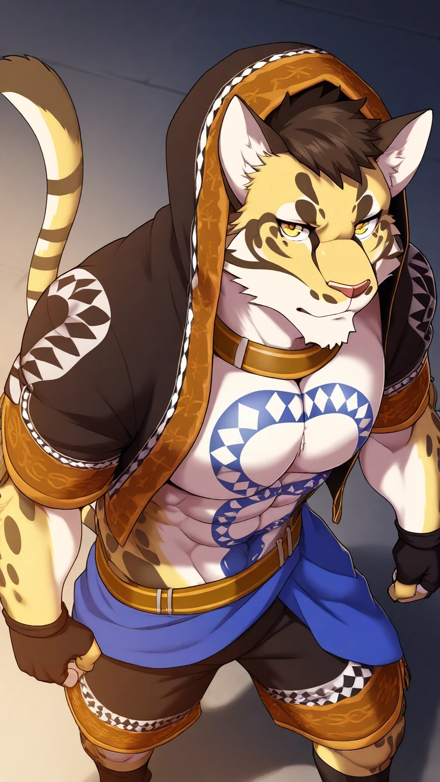 likulau, solo, furry, clouded leopard, tail, perfect eyes, yellow eyes, muscular, toned male, large pectorals, dynamic angle, from above, hood, open jacket, fingerless gloves, black shorts, close up, posing, unparalleled masterpiece, amazing quality, best quality, high detail, extremely-detailed, highres, beautiful, very aesthetic, depth of field, detailed background, detailed fur, detailed muscles, cinematic lighting, RAW candid cinema