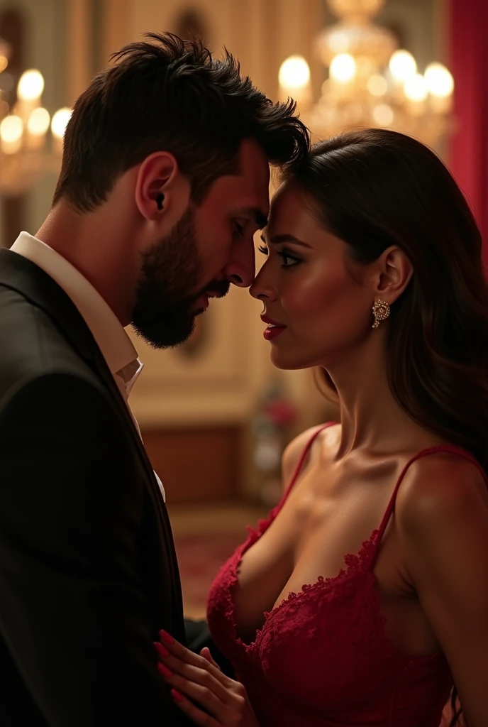 night scene from side view, sea view, night time, extreme close up photo of young muscular man grabbing vedhika from behind who is wearing a golden colour satin full length lace border bridal nighty with a satin robe, hugging a man, big cheeks, woman is wearing satin nighty man is shirtless, hourglass figure, deep cleavage, romancing each other in a ship deck in sea, showing armpits, red lips, necklace, sultry, look at viewer and smile, (cinematic:1.3), intricate details, (ArtStation:1.2)