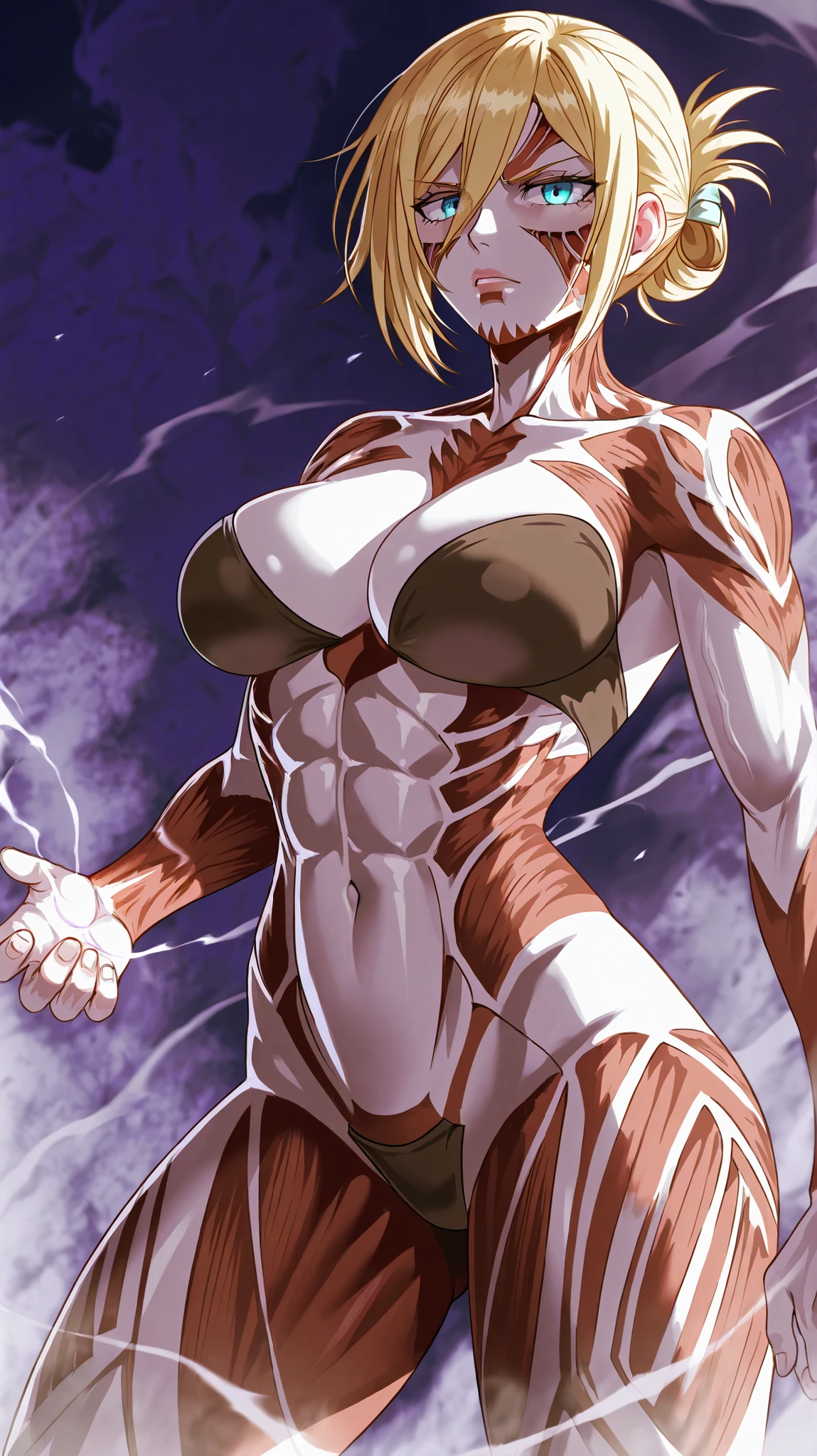 ((Standing in forest)),FemaleTitan, giant, in a forest, woods in the background, volumetric fog, skinned, visible muscle fiber, (muscle fiber), blonde hair, ((blunt pixie cut hairstyle)) blue eyes, RAW, 1girl, colorful, (masterpiece, best quality), (gigantic breasts:1.2), (uniboob:1.5) (detailed skin:1.3, detailed face:1.3), dslr, realistic, warm colors for picture, delicate, cinematic lighting, green woods,
