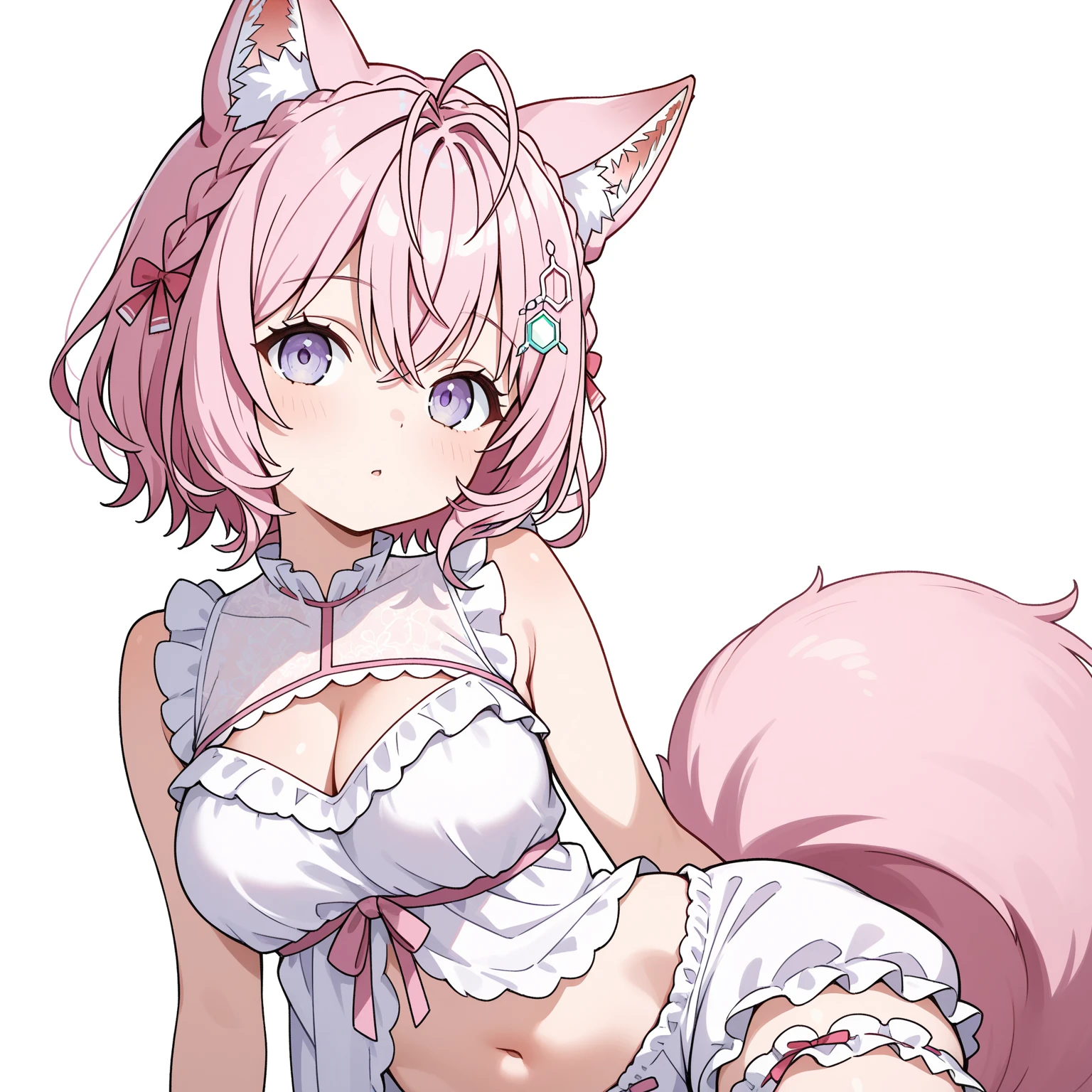 tamamocat, 1girl, breasts, naked apron, animal hands, tail, solo, fox tail, paw gloves, fox girl, gloves, apron, simple background, large breasts, cleavage, !?, thighs, white background, blush, open mouth, cat paws, , collarbone,
<lora:TamamoCatFateV1-000008:1>