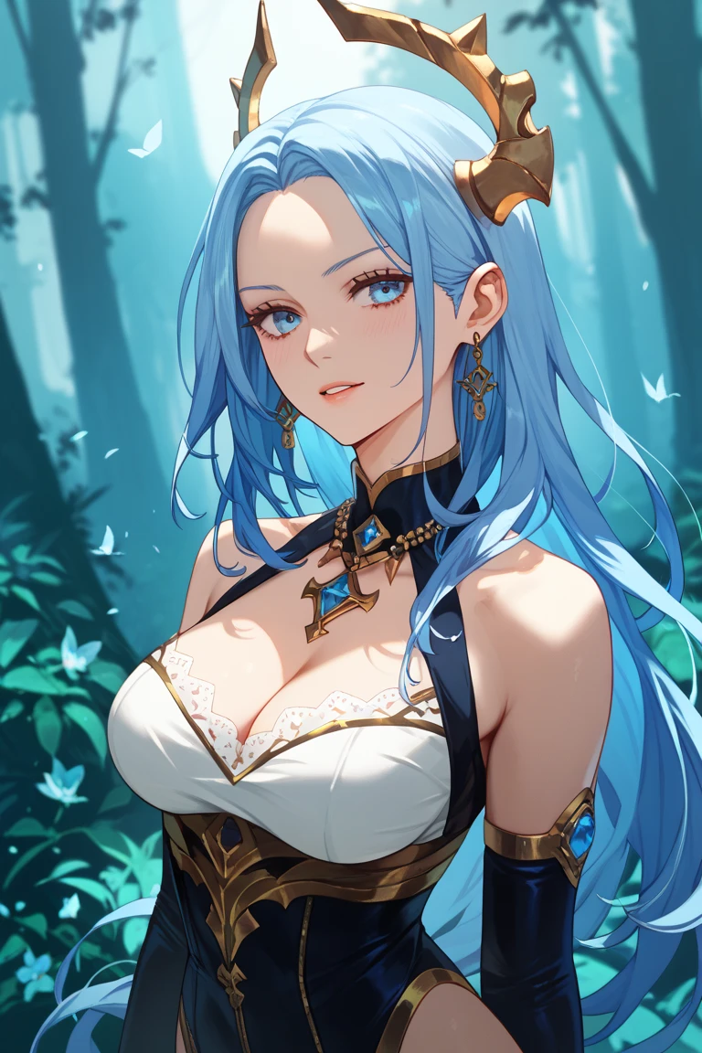 (Masterpiece, top quality, best quality), (((Beautiful anime style girl,))), 20 years old, oversize model, (((Super huge breasts))), (((Blue wavy hair))), Extreme detail, Colorful, luminescent, art concept art by Kahngriffith and Vadim Kashin, ethereal, standing, perfect, pure form, golden ratio, by Brian Froud, Carne Griffiths, Wadim Kashin and John William Waterhouse,